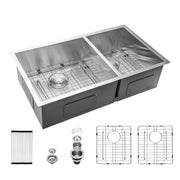 Brushed Nickel Undermount Double Bowl Kitchen Sink 60/40 16 Gauge Stainless Steel 33 x 19 Inch with 9 Inch Depth