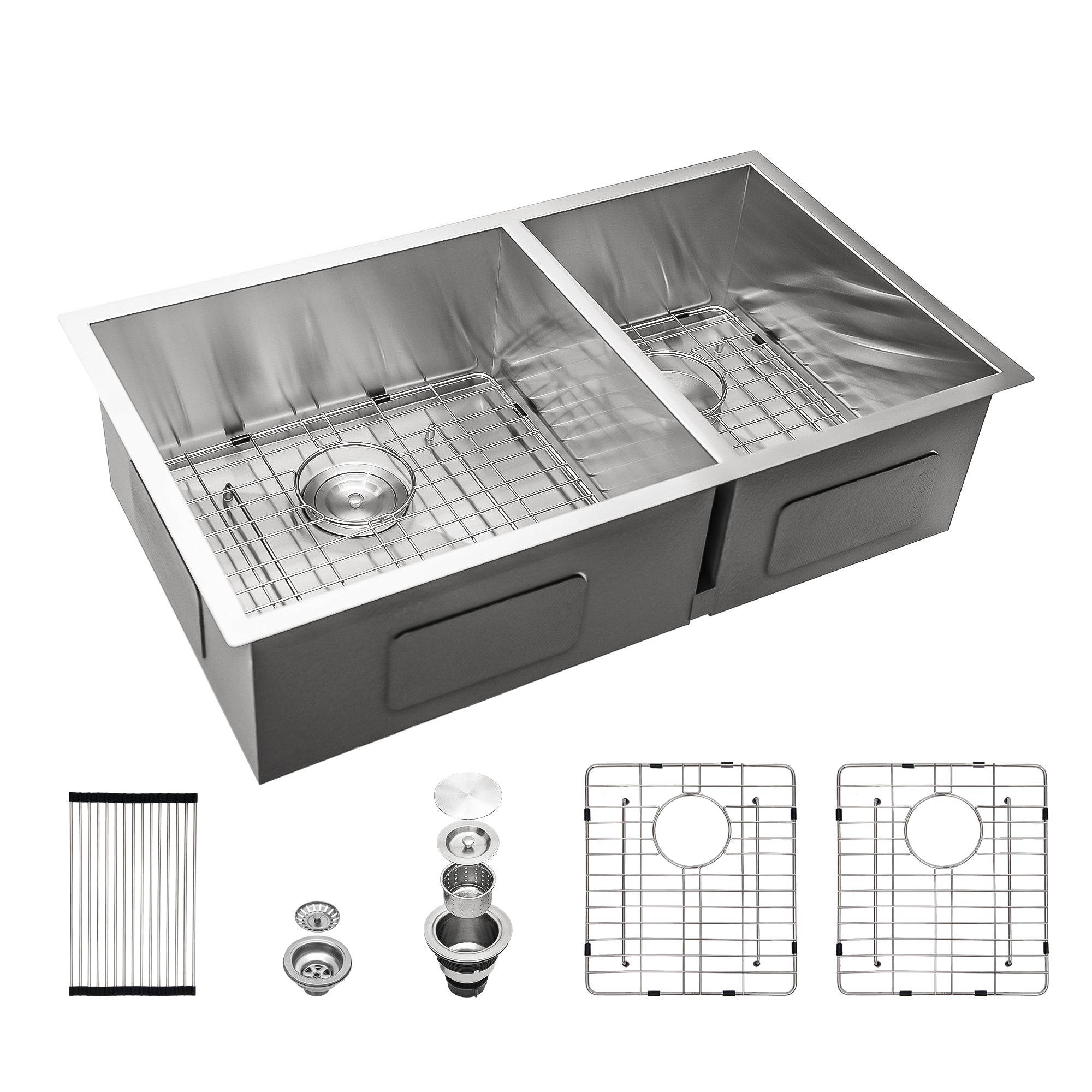 Brushed Nickel Undermount Double Bowl Kitchen Sink 60/40 16 Gauge Stainless Steel 33 x 19 Inch with 9 Inch Depth