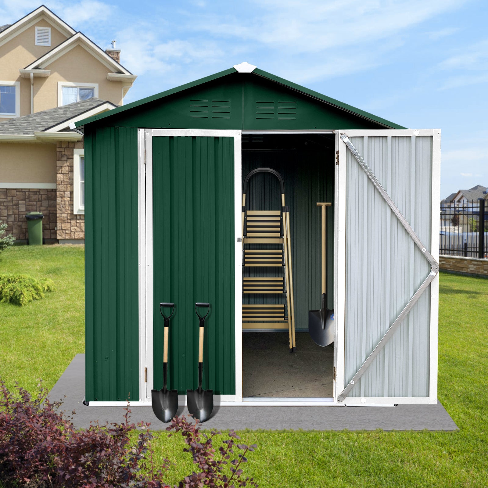 Outdoor storage sheds 6FTx4FT Apex roof Green+White