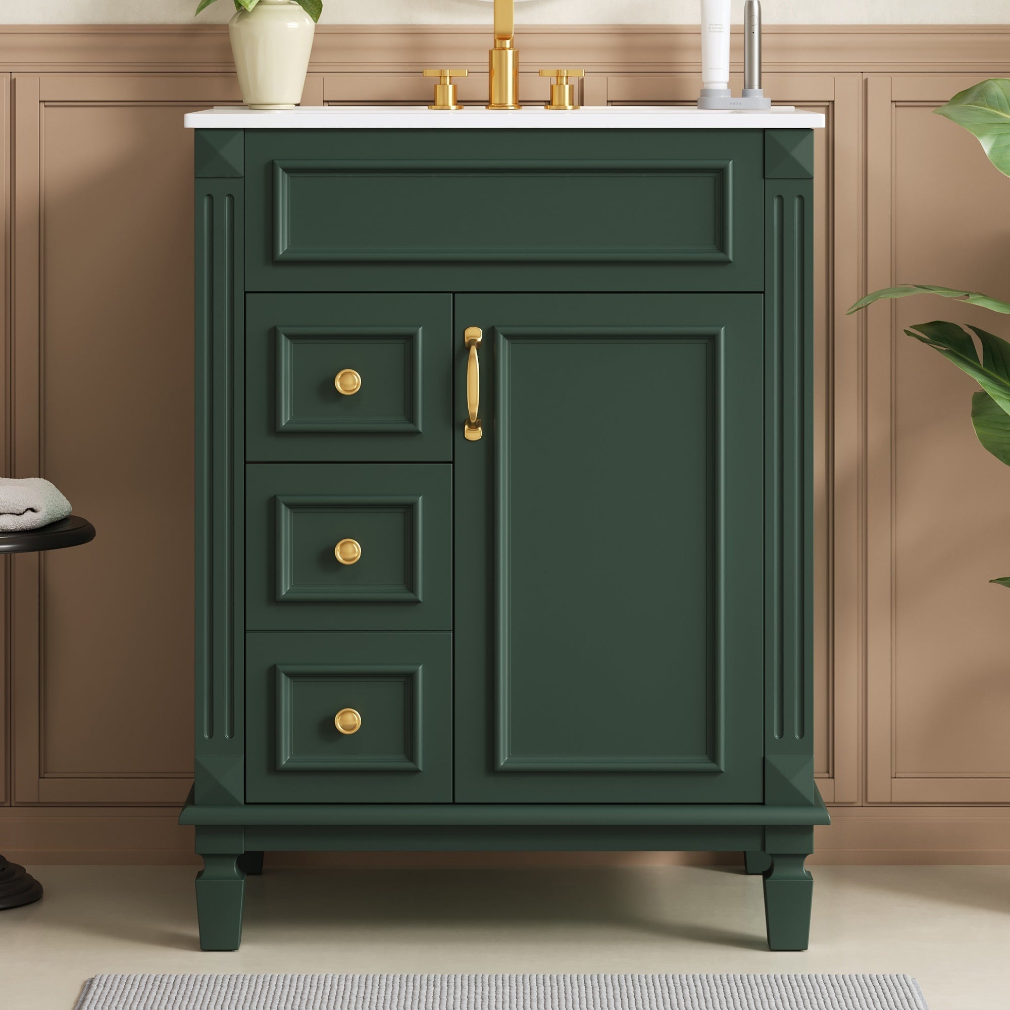 24' Bathroom Vanity with Ceramic Sink, Small Bathroom Sink Cabinet, Modern Cabinet with 2 Drawers and Adjustable Shelf