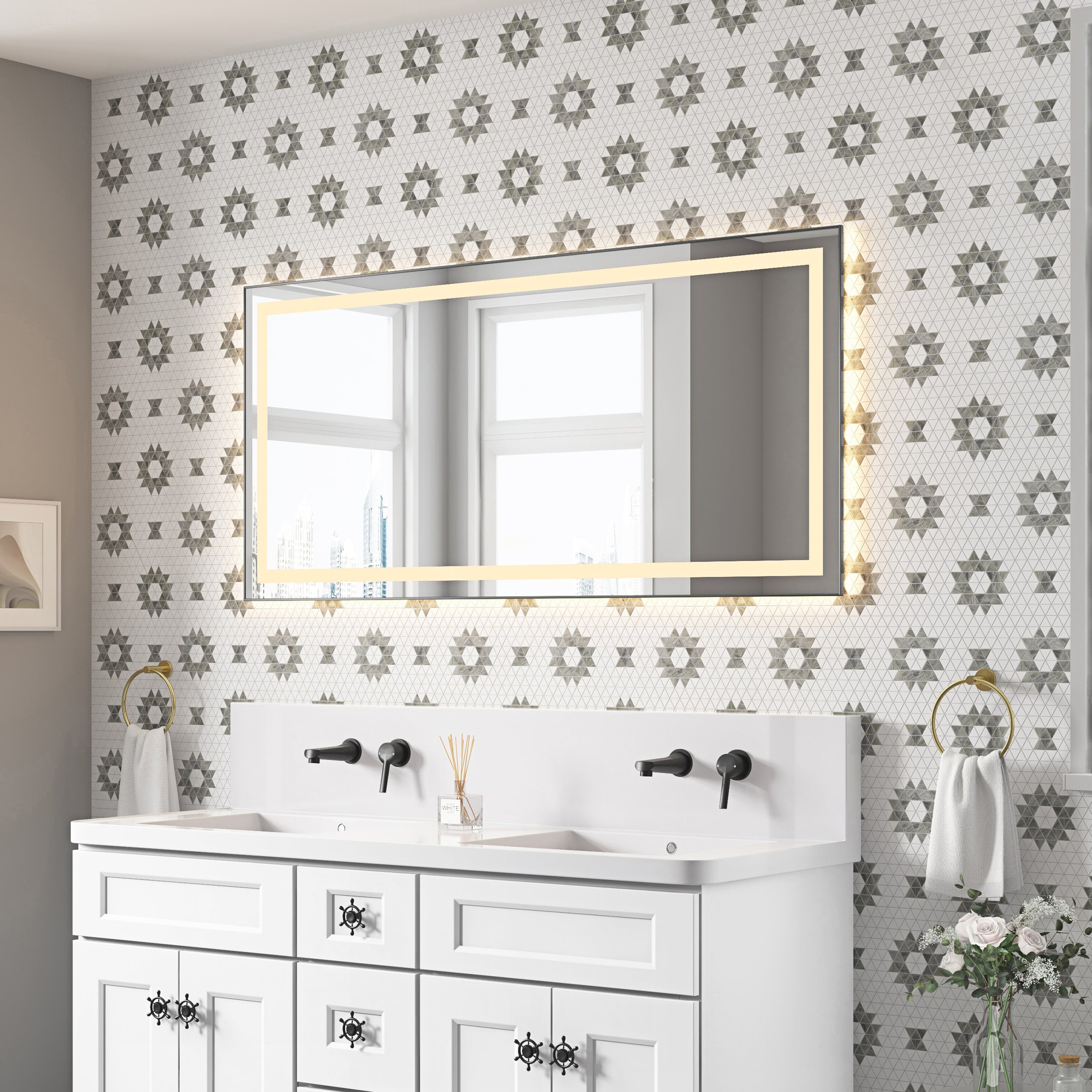 60' x 28' LED Bathroom Mirror with Front and Backlight, Wall Mounted Vanity Mirror with Aluminum Frame, Anti-Fog, Memory, 3 Colors, Stepless Dimmable