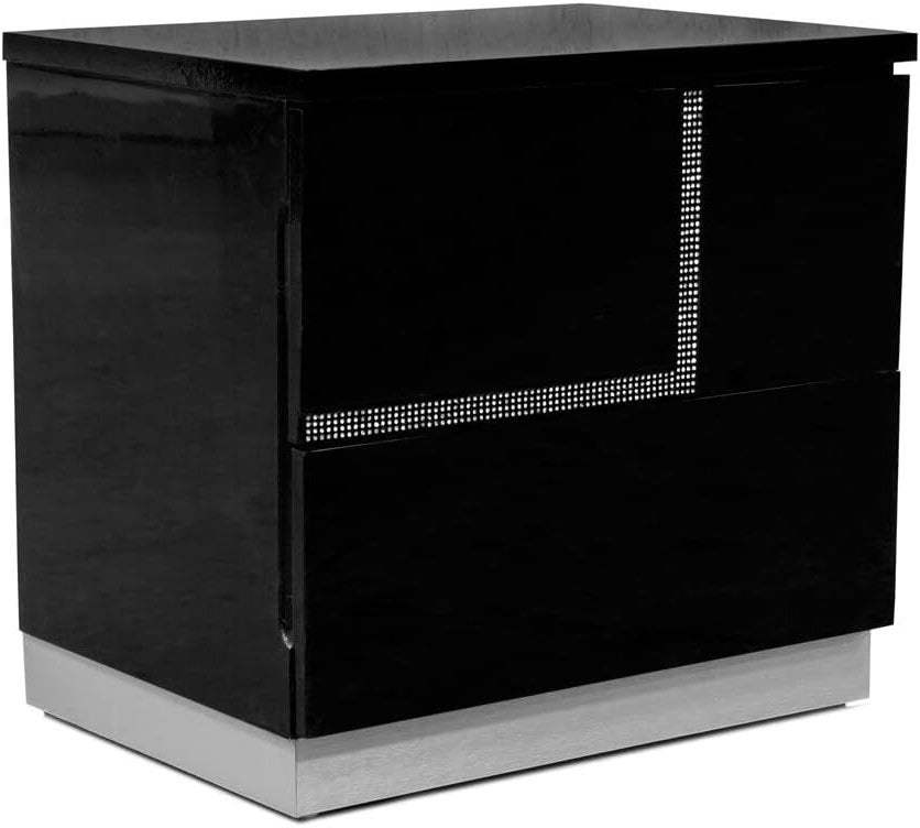 Modern Lacquer Wood 2 Drawer Nightstand with Rhinestones, Gloss Finish Bedside Table, Black