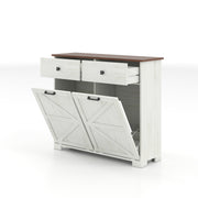 Farmhouse Barn Door Style Double Tilt Out Trash Cabinet for 20 Gallon Cans with Free Standing Recycling and Laundry Storage, Antique White & Brown Woodgrain