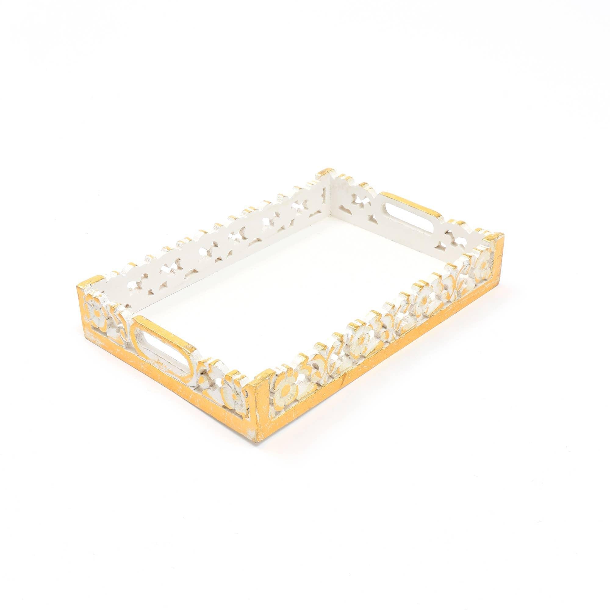 Handmade Serving & Decor Mango Wood Rectangle Tray In White Color-18 X 11 X 2.5'