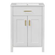 Modern 48-Inch White Bathroom Vanity with Ceramic Sink, Soft-Close Doors, Flip Drawer, U-Shaped Shelves, Gold Accents, Solid Wood Frame