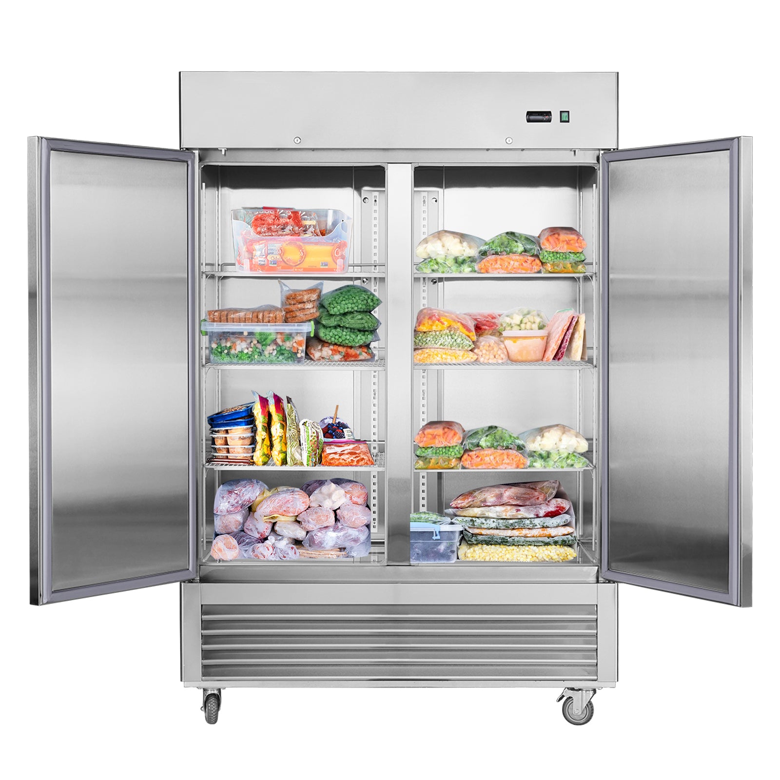 54'W Commercial Freezer 2 Section 2 Solid Door Stainless Steel Interior and Exterior Construction Reach-in Freezer 42.2 Cu.ft. Upright Fan Cooling Freezer for Restaurants and Commercial Environments