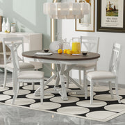 TREXM 5-Piece Retro Functional Dining Table Set Extendable Round Table and 4 Upholstered Chairs for Dining Room and Living Room (Brown+Antique White)