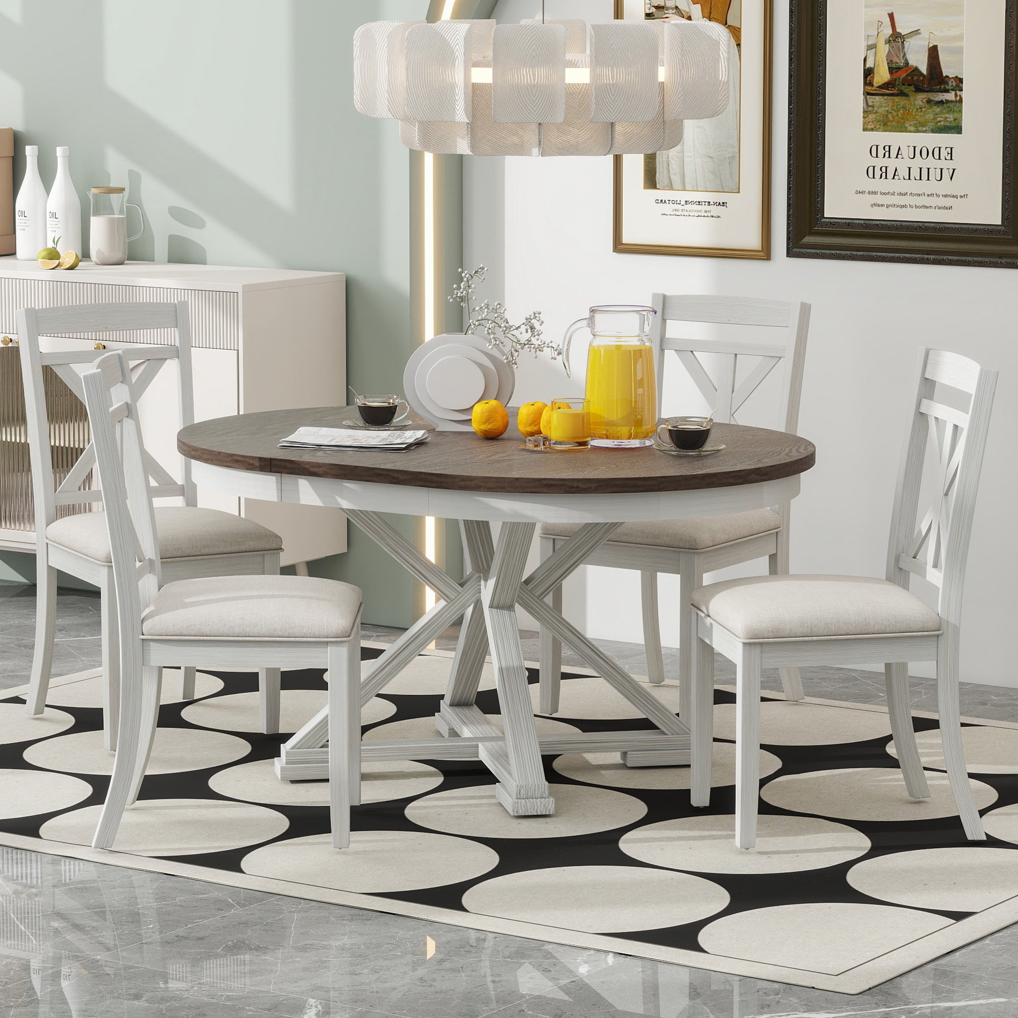 TREXM 5-Piece Retro Functional Dining Table Set Extendable Round Table and 4 Upholstered Chairs for Dining Room and Living Room (Brown+Antique White)