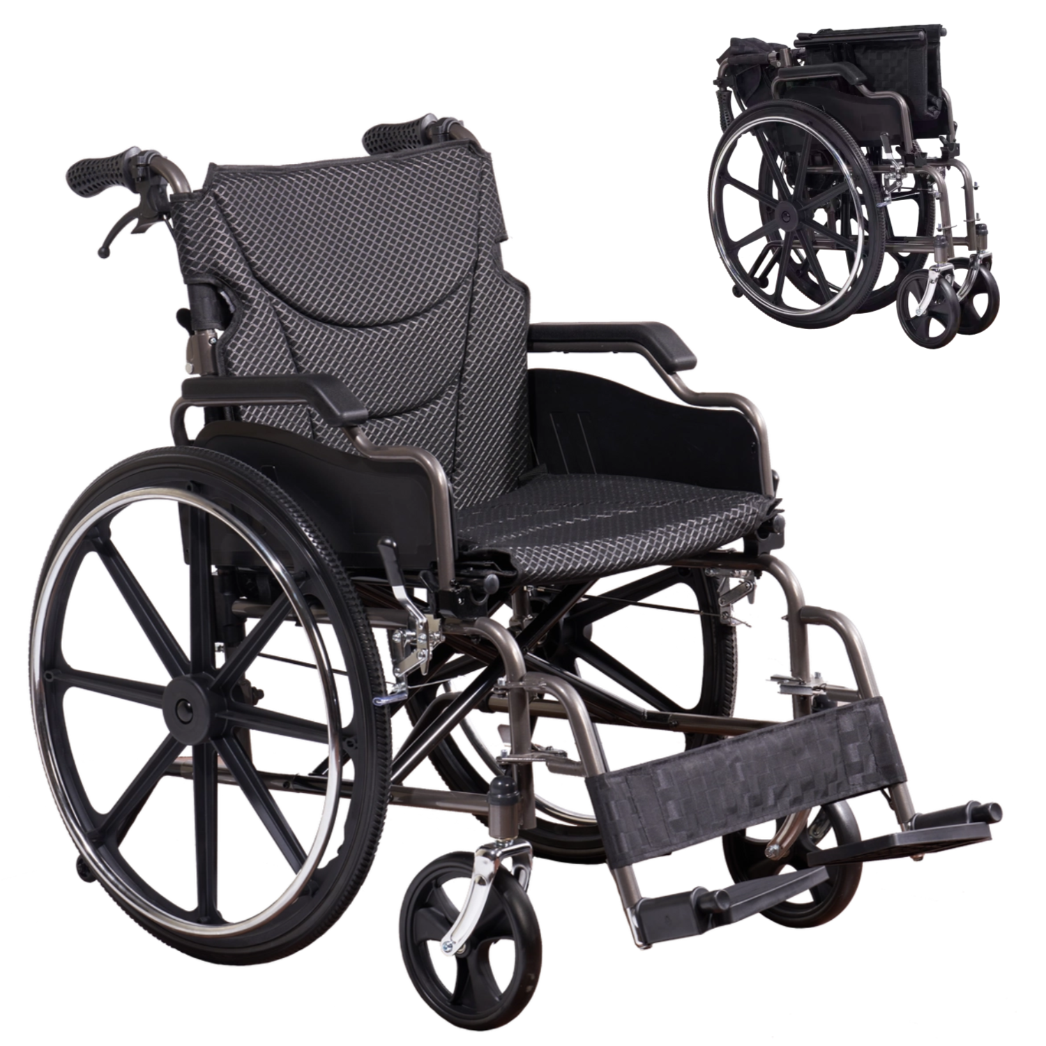Lightweight Wheelchair Foldable for Adults - Manual Transport Chair with Double Brakes,300 lbs Capacity & 24' Pu Tires - Safe,Durable All-terrain Wheelchair for Elderly & Disabled,Grey