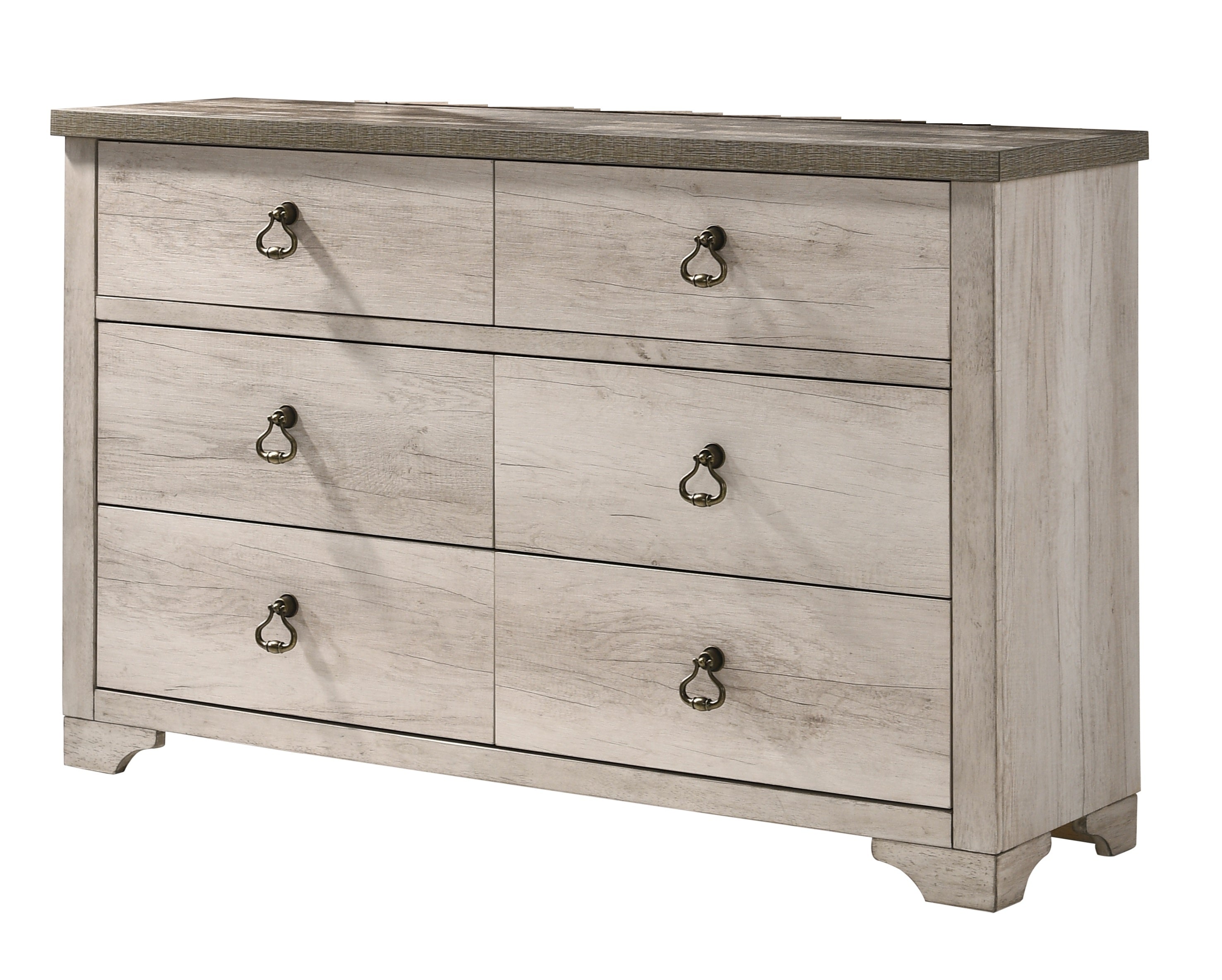 1pc Cottage Style Distressed 6 Drawer Dresser Driftwood Finish Contrasting Weathered Brown Top Traditional Ring Pull Hardware Wooden