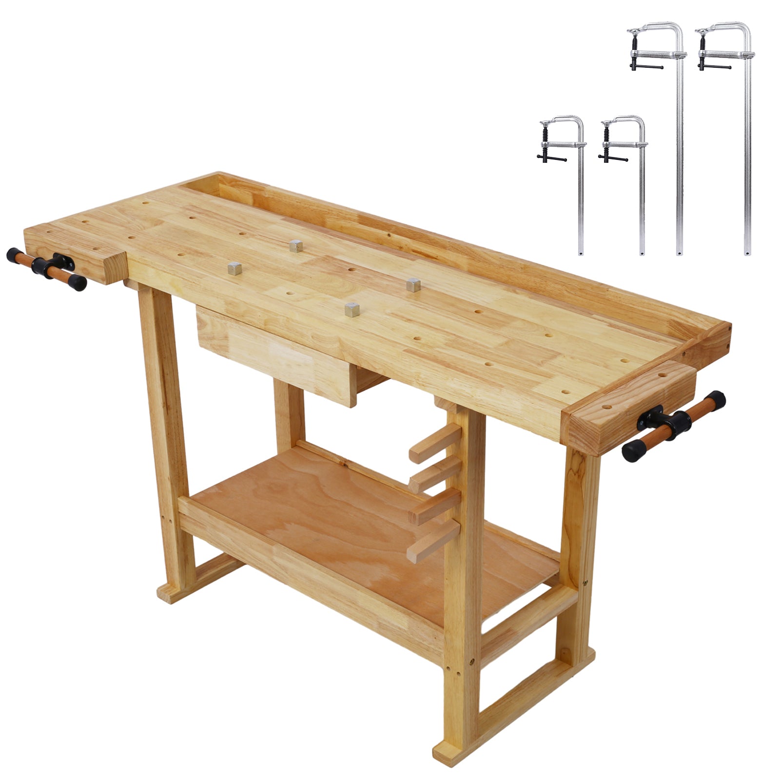 55-Inch Wood Workbench - Wooden Workbench for Garage Workshop and Home, with Bar Clamps Set 2 pcs 12 inch x 3inch+ 2pcs 24inchx4-3/4' ,4pcs pack