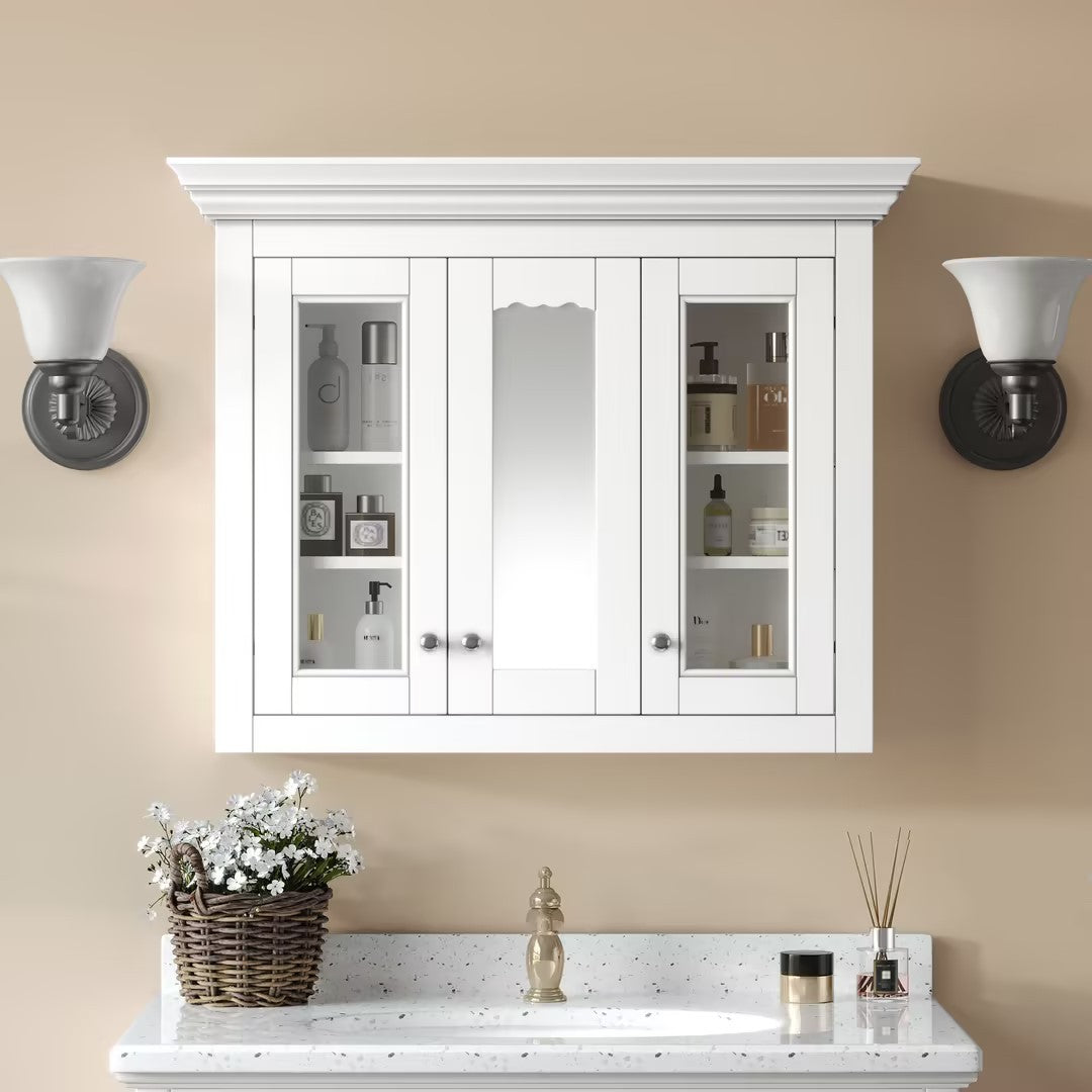 35' Bathroom Medicine Cabinet with Mirror, 5 Closed & Adjustable Shelves, Bathroom Wall Mounted Storage Cabinet with Glass Doors
