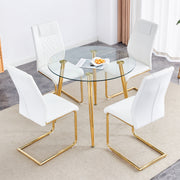 Table and chair set, modern minimalist style round transparent tempered glass table with gold metal legs, paired with 4 modern PU leather high-back dining chair, bringing a luxurious experience.