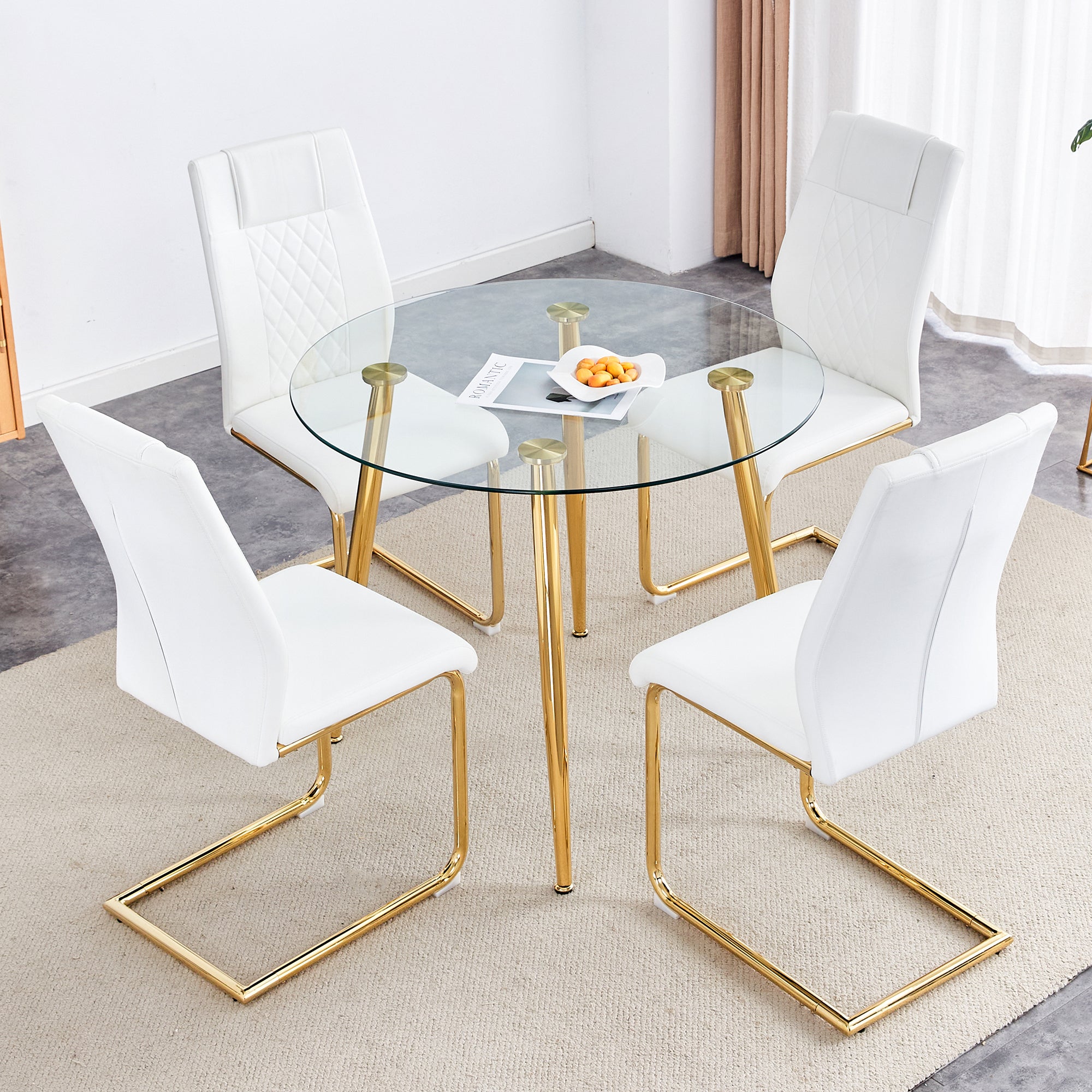 Table and chair set, modern minimalist style round transparent tempered glass table with gold metal legs, paired with 4 modern PU leather high-back dining chair, bringing a luxurious experience.
