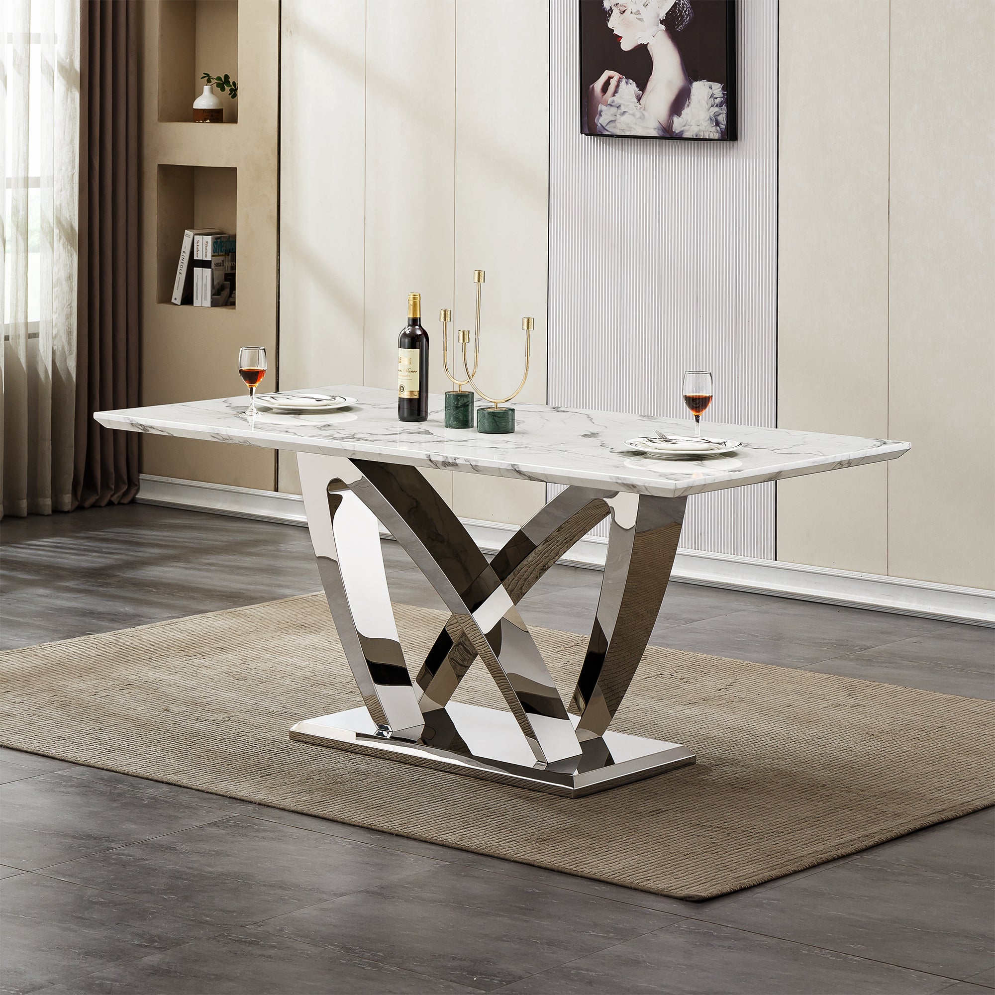 Marble Dining Table for 6 People, 70'' Rectangle Faux Marble Dining Table with Mirrored Finish Stainless Steel Base, Modern Large Size Marble Kitchen Table (Silver,White)(only table)