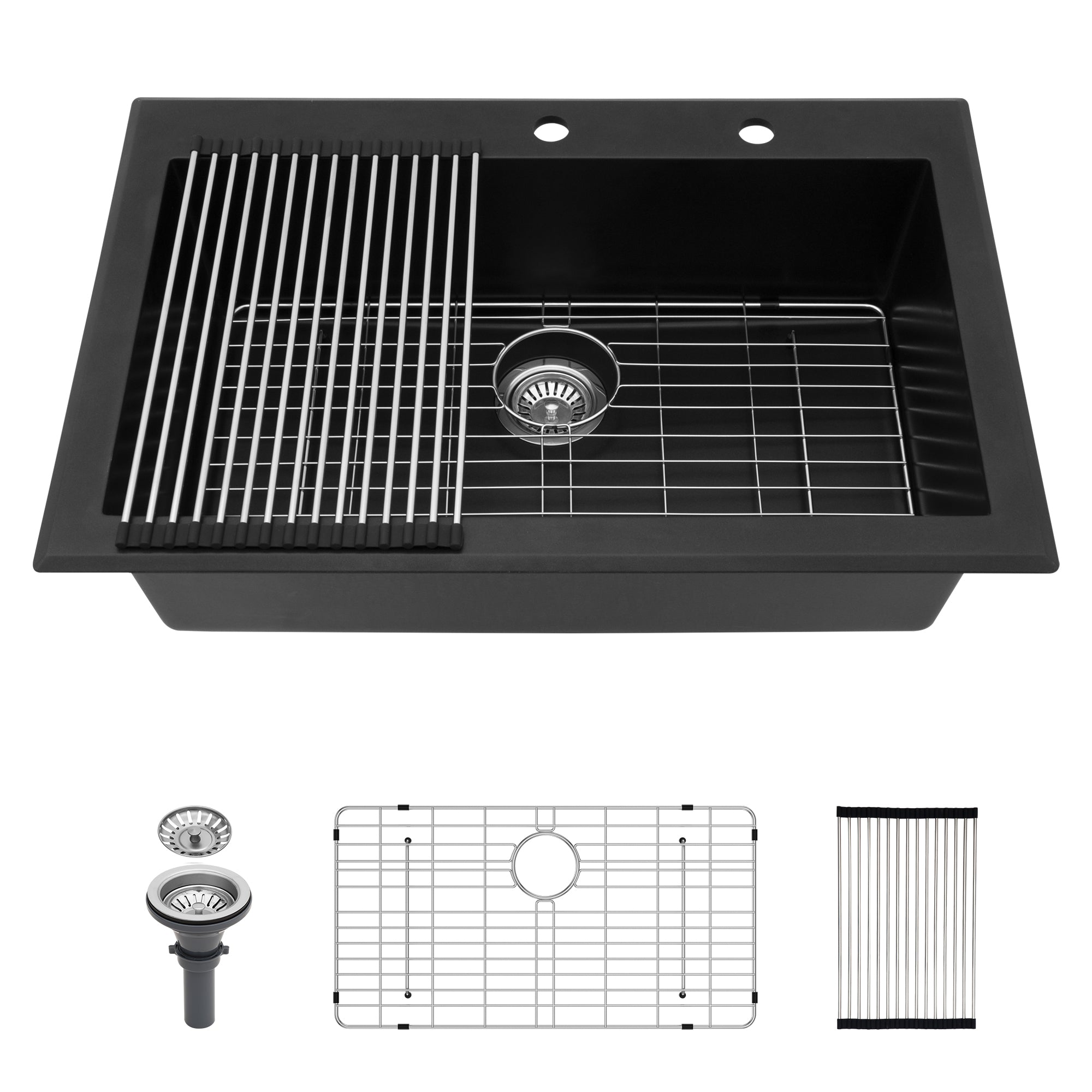Quartz Kitchen Sink - 33' x 22' Black Granite Composite Drop-In Sink with Durable Construction