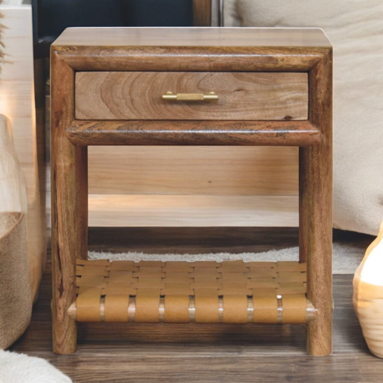 Regency Woven Oak-ish Nightstand with 1-Drawer, 1 Open-Slot. Light Brown