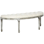 Semi-Circle End of Bed Bench with Tufted Design, Upholstered Bedroom Entryway Bench with Rubberwood Legs, Off White