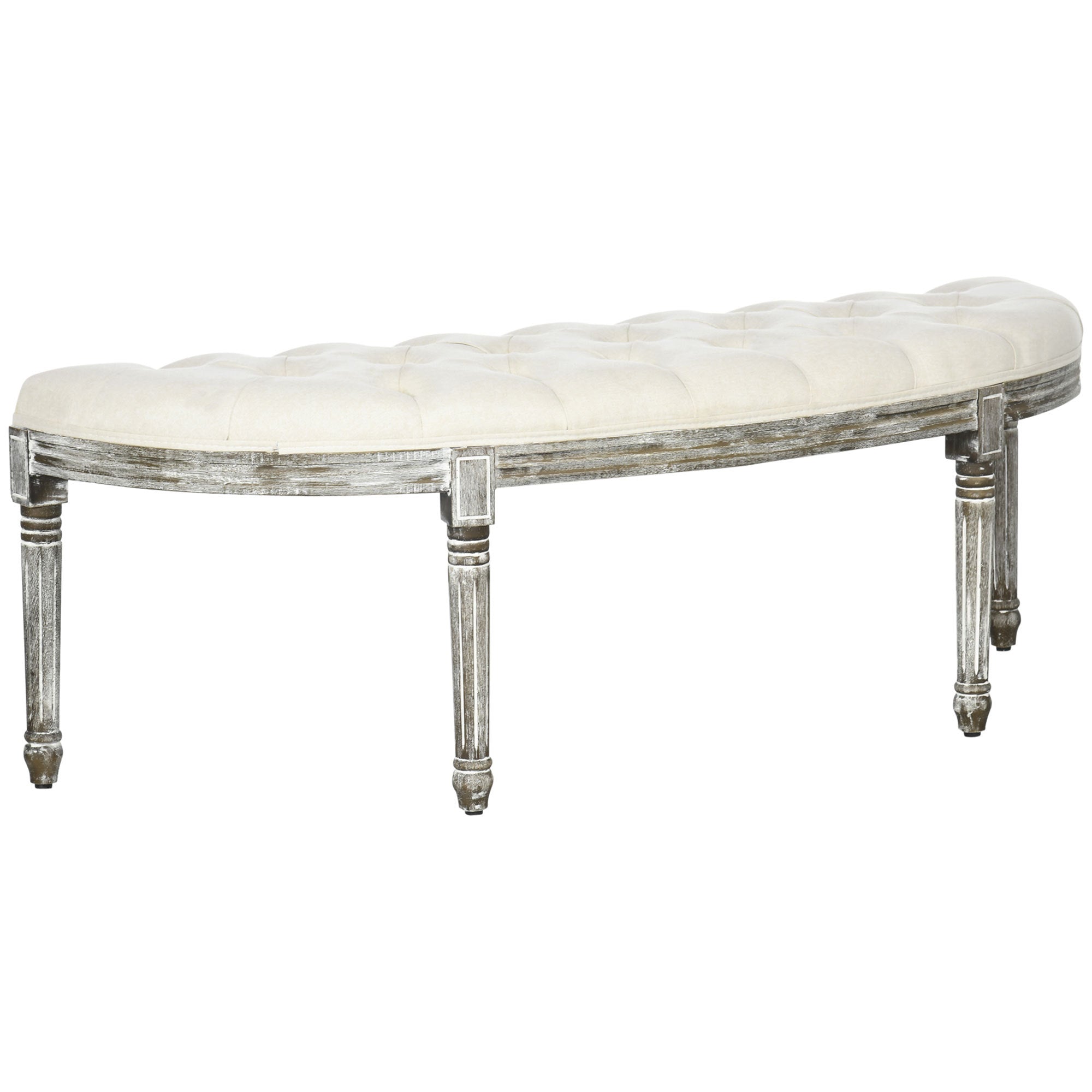 Semi-Circle End of Bed Bench with Tufted Design, Upholstered Bedroom Entryway Bench with Rubberwood Legs, Off White