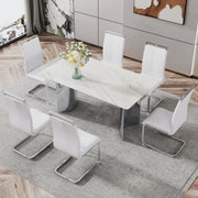 Modern minimalist dining table. Imitation marble glass sticker desktop, stainless steel legs, stable and beautiful. 6 premium PU seats. 63 inches * 35.4 inches * 29.5 inches DT-69 C-1162