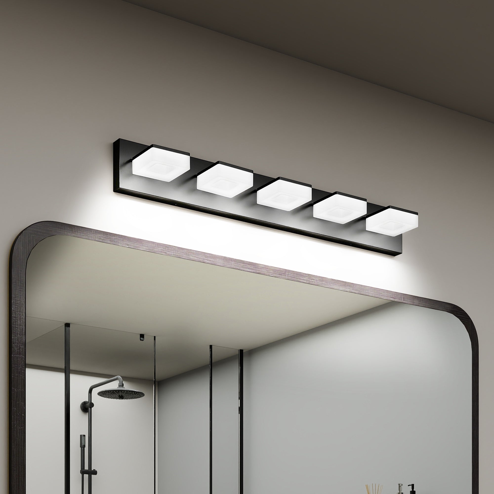 LED Modern Bathroom Vanity Light Fixtures (5-Light, 32-Inch), Matte Black Modern Acrylic Bathroom Wall Lighting Fixtures Over Mirror (Cool White 6000K)