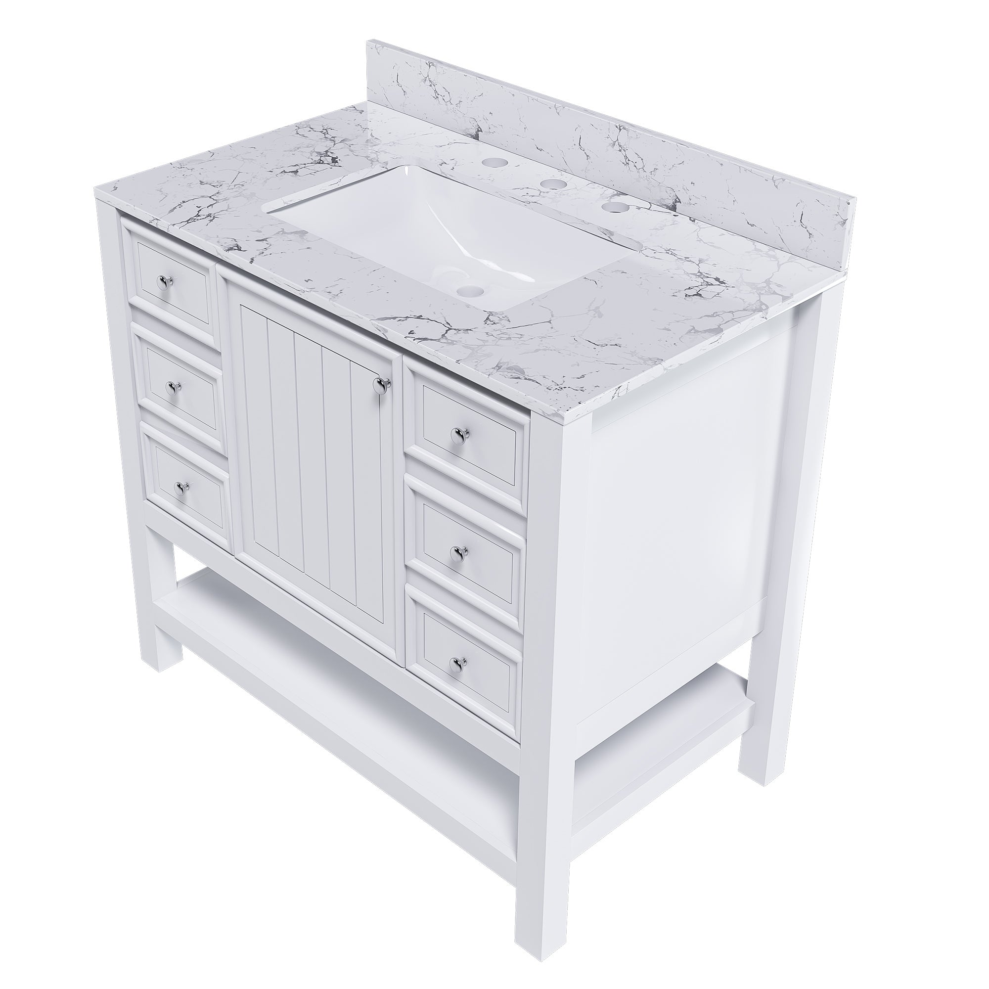 Modern 37-Inch Bathroom Vanity with Artificial Marble Carrara White Top, Multi-functional Cabinet with Doors and Drawer, Solid Frame and MDF Board