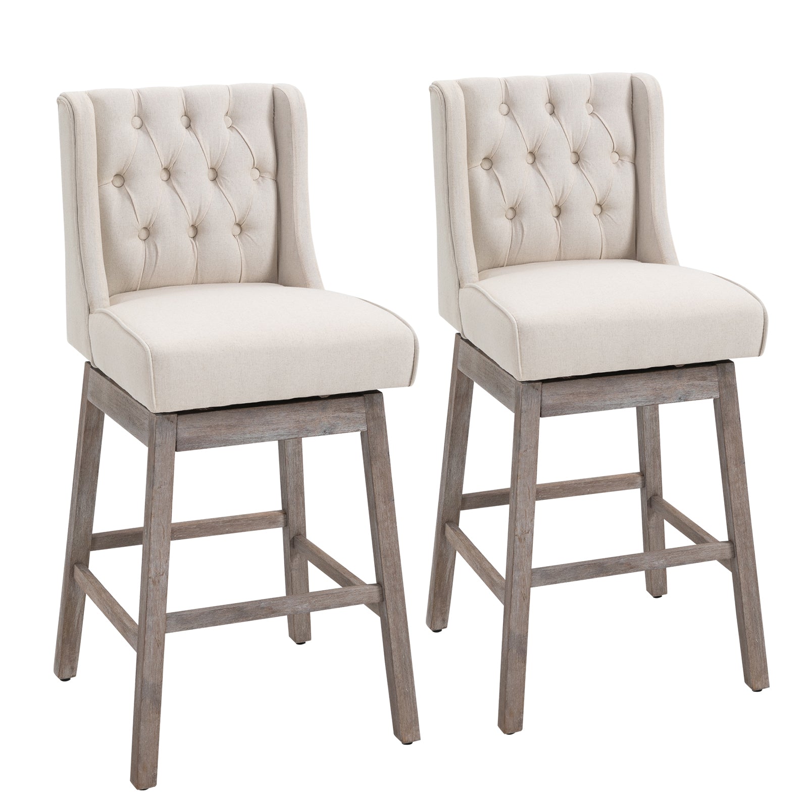 Bar Height Bar Stools Set of 2, 180 Degree Swivel Barstools, 30' Seat Height Bar Chairs with Solid Wood Footrests and Button Tufted Design, Beige