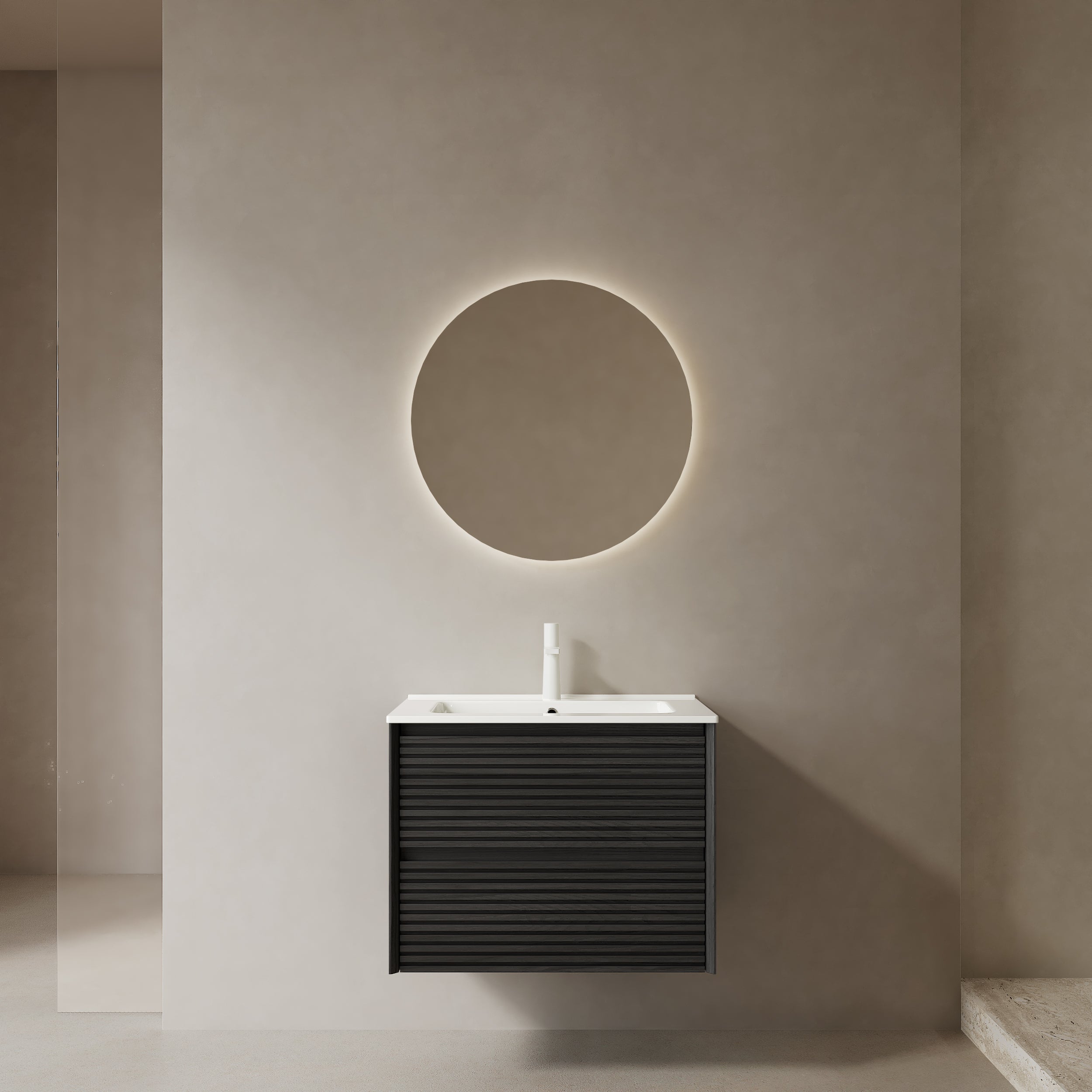 BRON 24' Bathroom Vanity with Sink, Wall-Mounted Floating Plywood Bathroom Storage Cabinet with 2 Drawers, White Ceramic Basin, Pre-assembled, Dark Oak Woodgrain Color