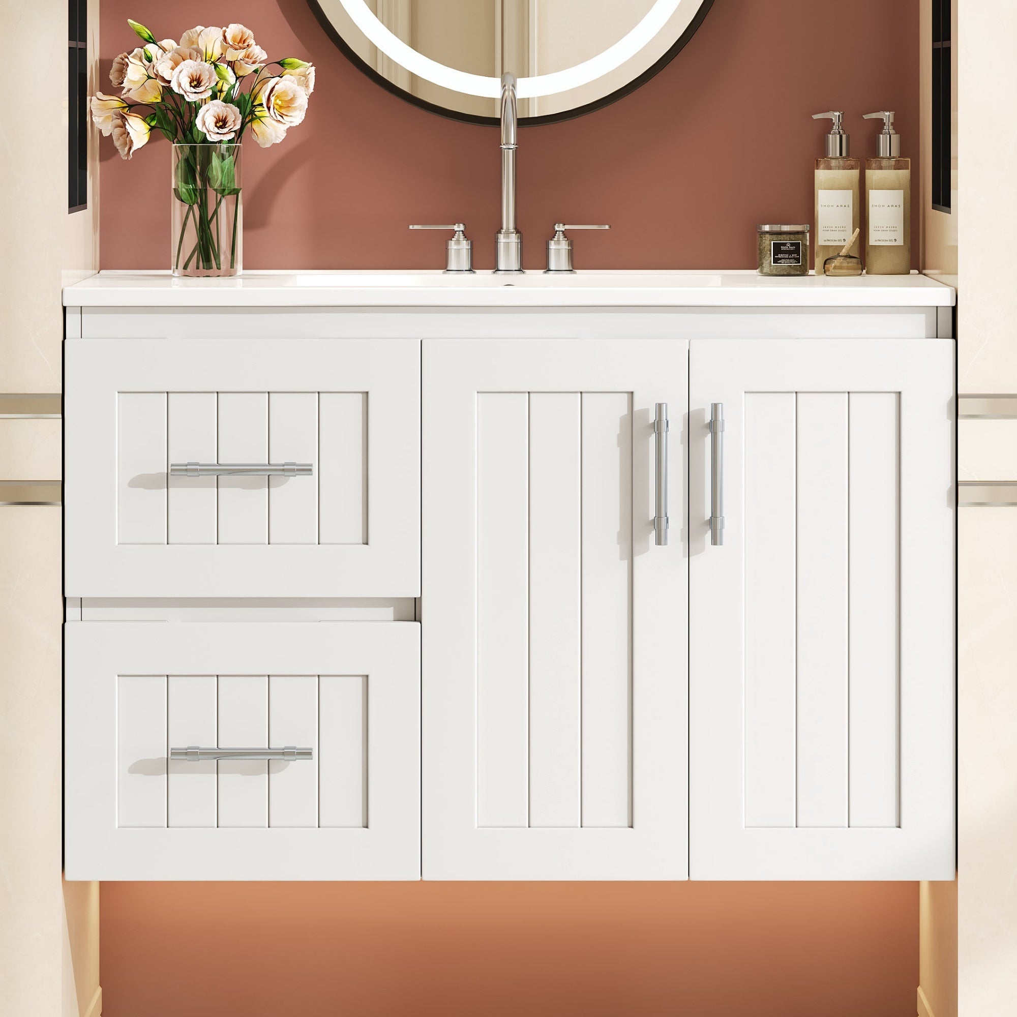 36'' Wall Mounted Bathroom Vanity, Floating Bathroom Storage Cabinet with 2 Drawers, 3 Holes Single Ceramic Sink, Modern Cabinet with Adjustable Shelf
