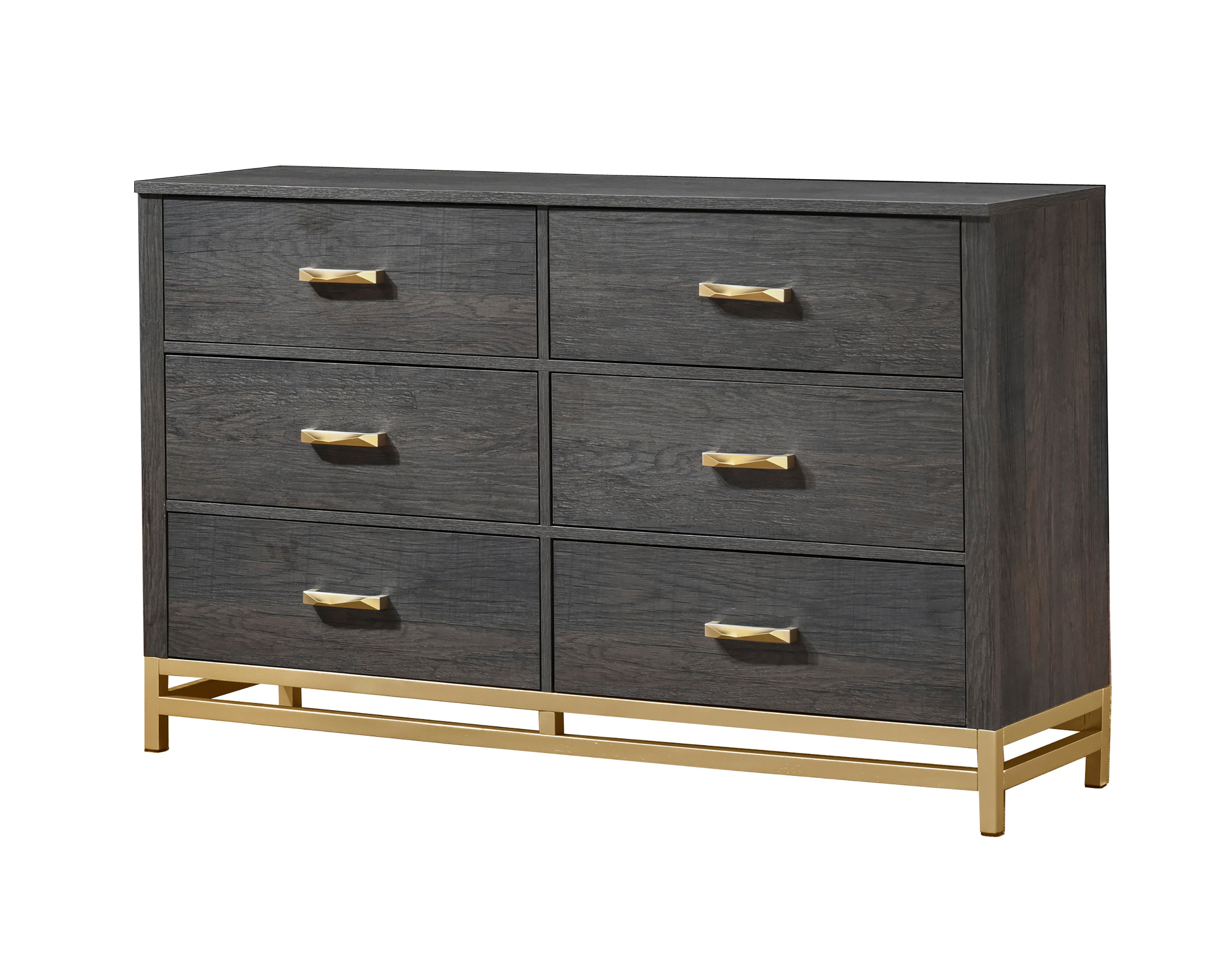 1pc Contemporary 6-Drawer Storage Dresser Gray Finish Metal Handle Gold Finish
