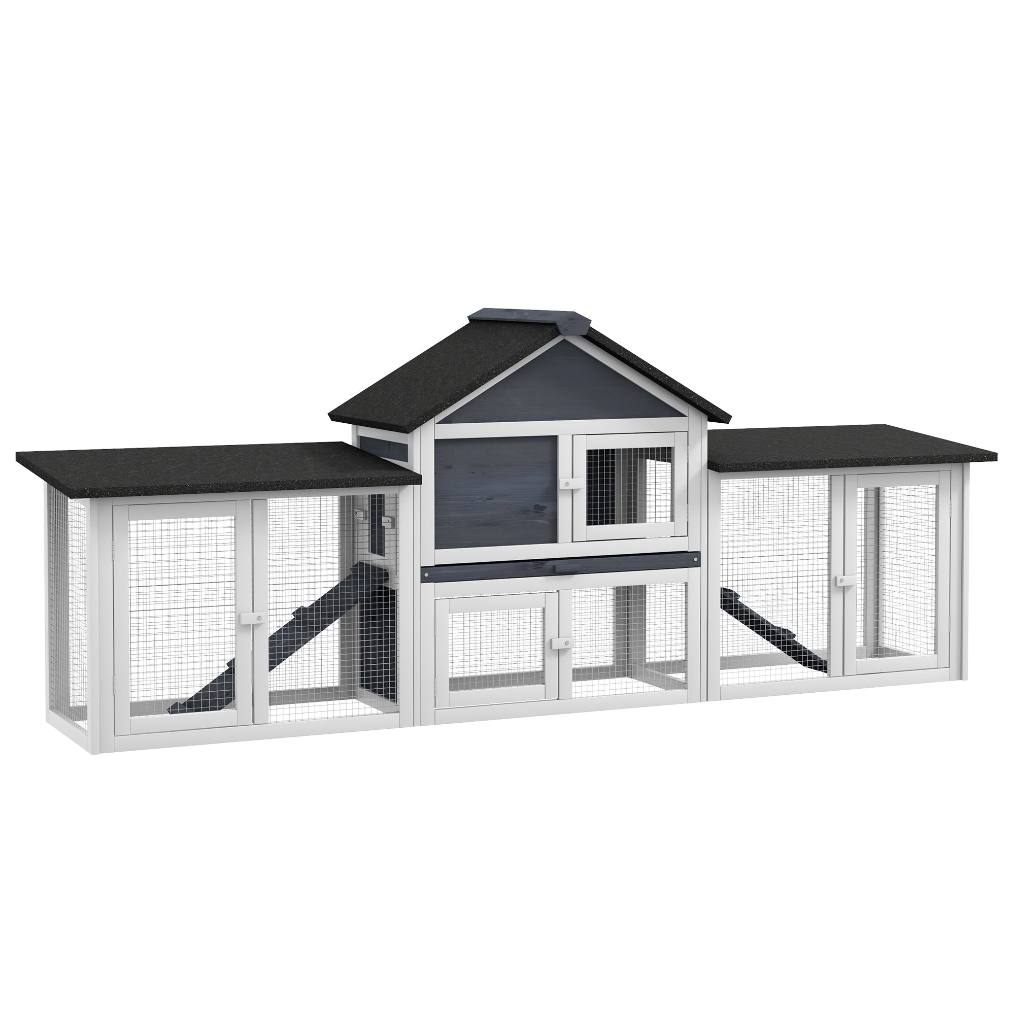 PawHut 83'L Outdoor Rabbit Hutch, Guinea Pig Cage Indoor Outdoor Wooden Bunny Hutch with Double Runs, Weatherproof Roof, Removable Tray, Ramps, Dark Gray