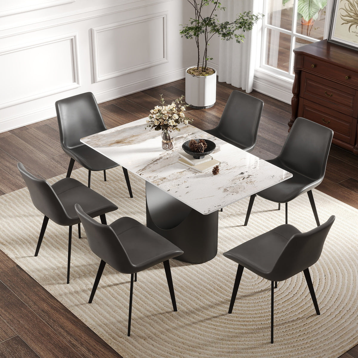 55.12'Modern Artificial Stone White Pandora Panel Black Iron Metal Legs-Can Accommodate 6 People