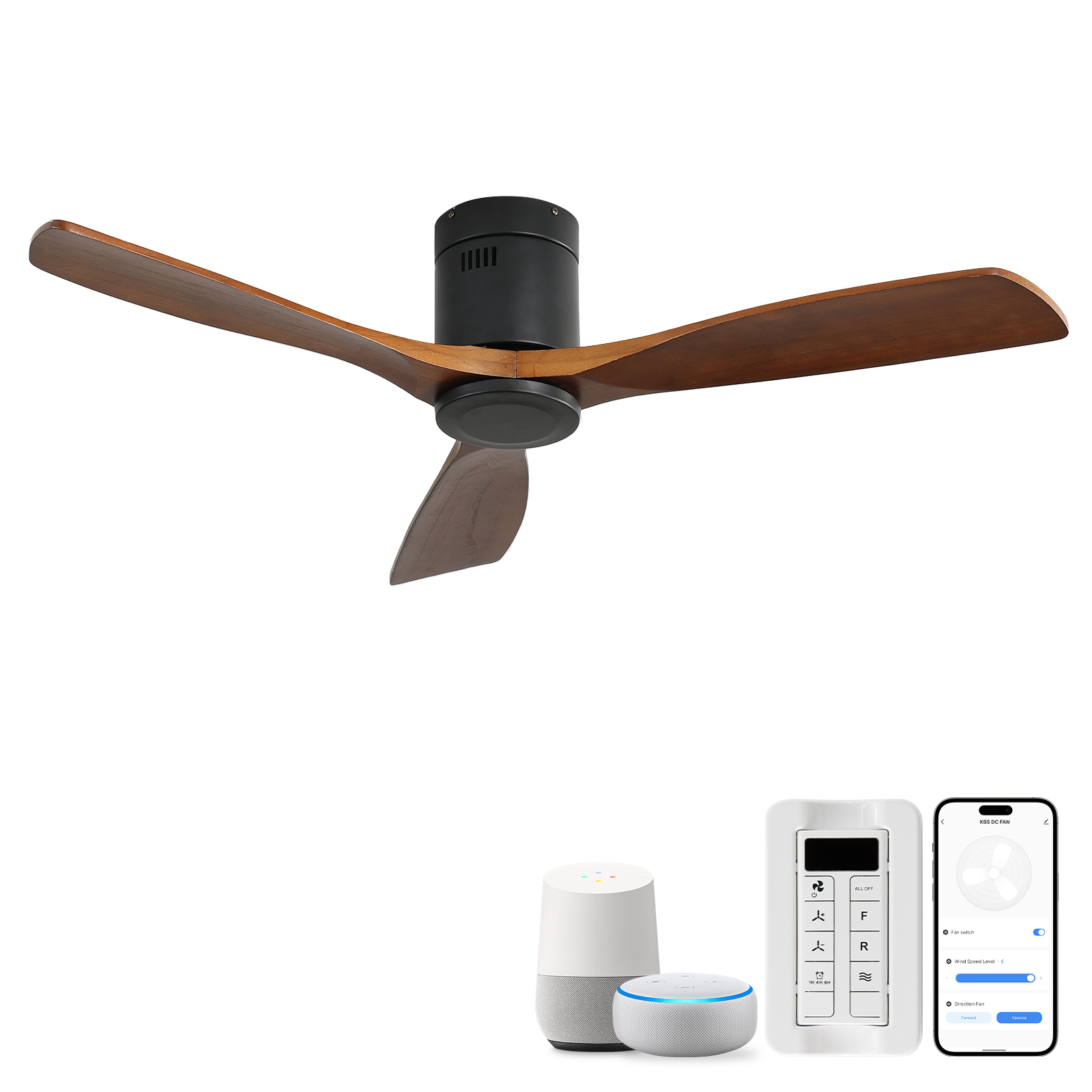 52 Inch Flush Mount Ceiling Fan DC 3 Wood Fan Blade Noiseless Reversible Motor Smart Remote Control Without Light