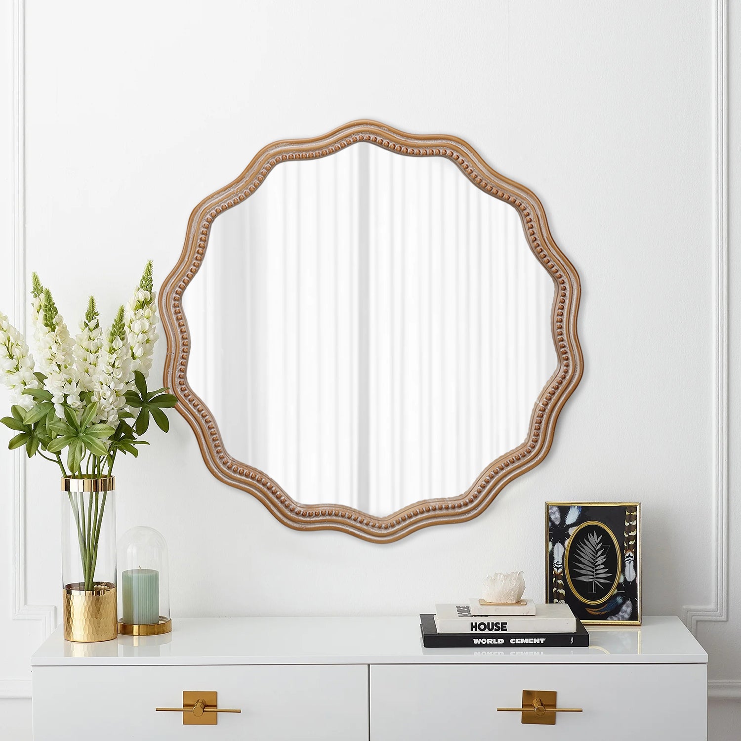 23.62 inches Wood Round Wavy Wall Mirror Round Wall Mirror Scalloped Mirror -Large Decorative Wood Framed Hanging Circle Mirror Modern Farmhouse Decor for Bathroom,Living Room, Nursery Decor