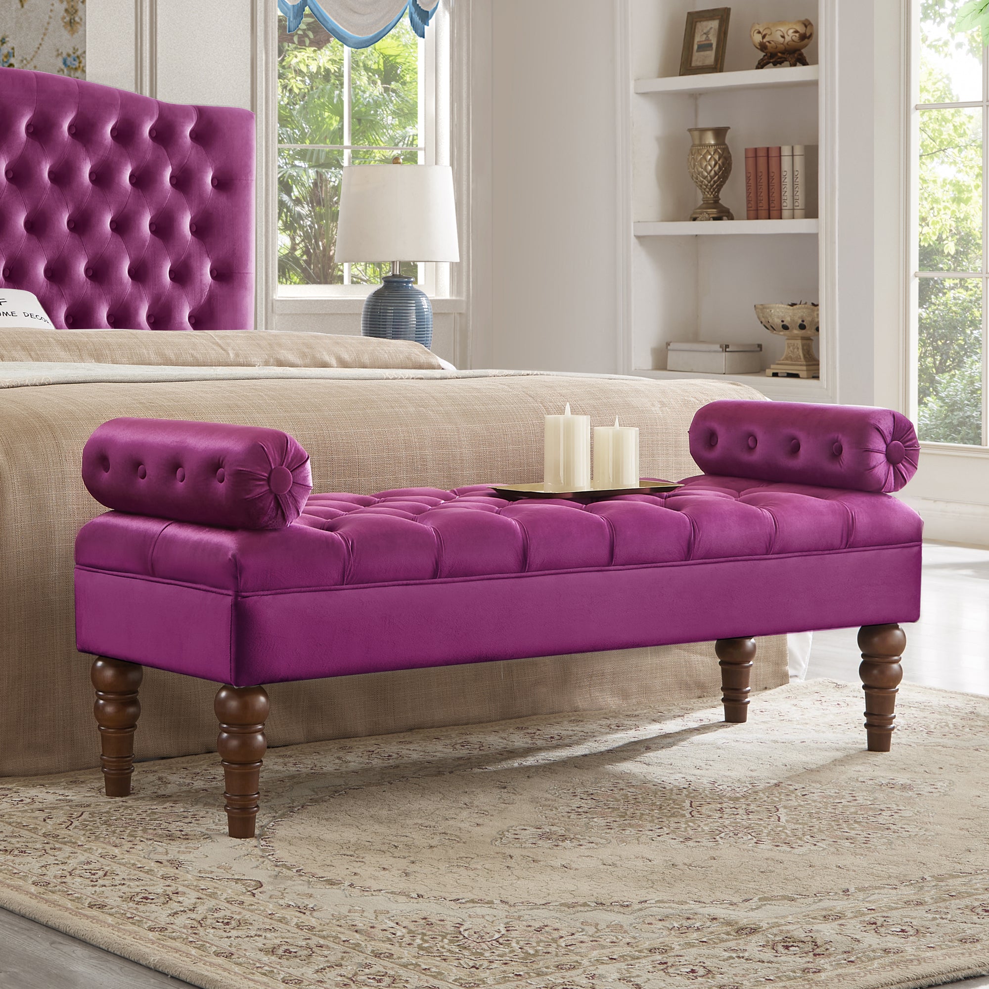 Velvet Long bed Bench for Bedroom,Upholstered Window Bench with Tufted Button,Entryway Bench,Bolster Bench for Living Room-Violet