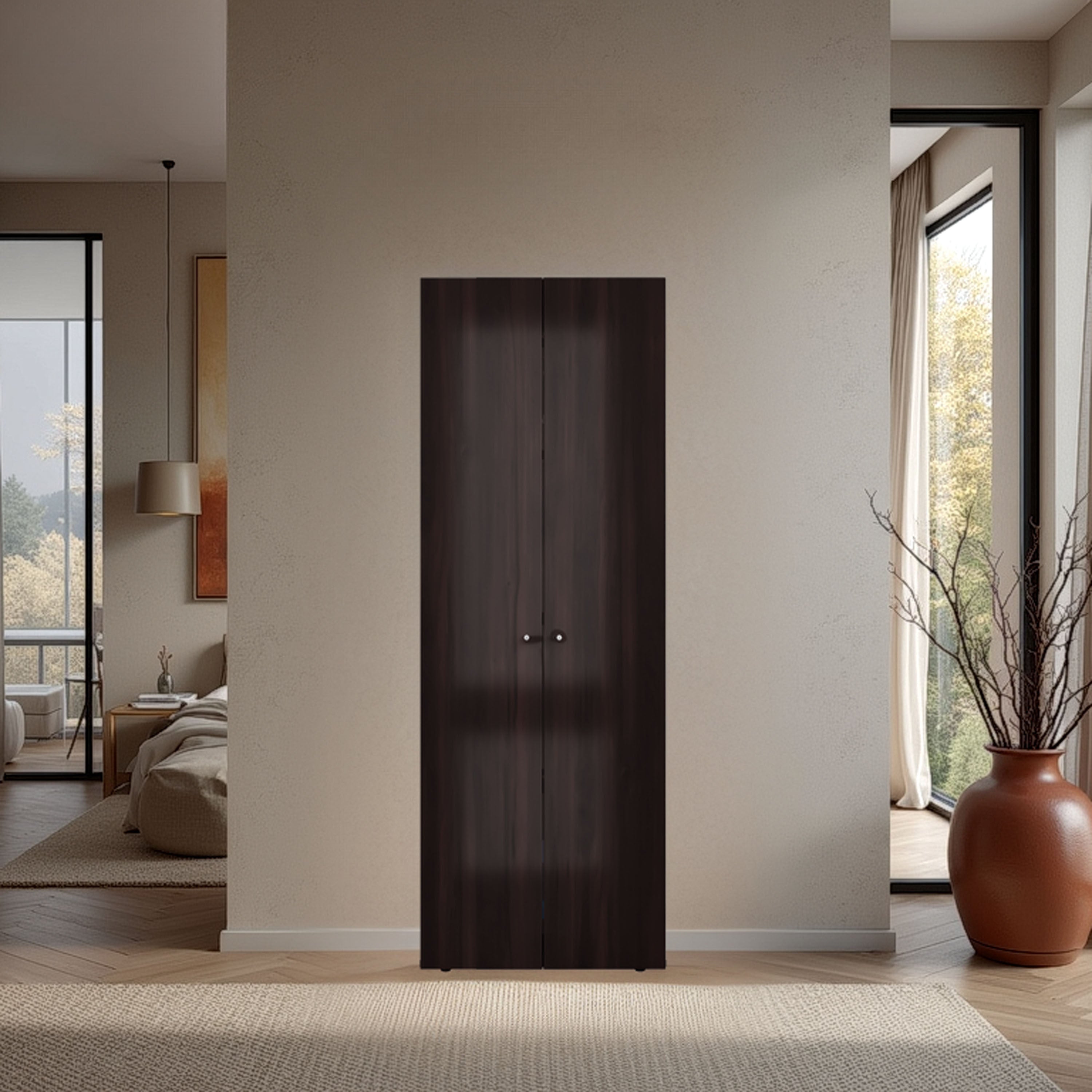 Home 2 Doors Closet System Armoire, Hanging Rod and Storage Shelf, Modern Armoire for Bedroom Organization Storage, Stained Walnut