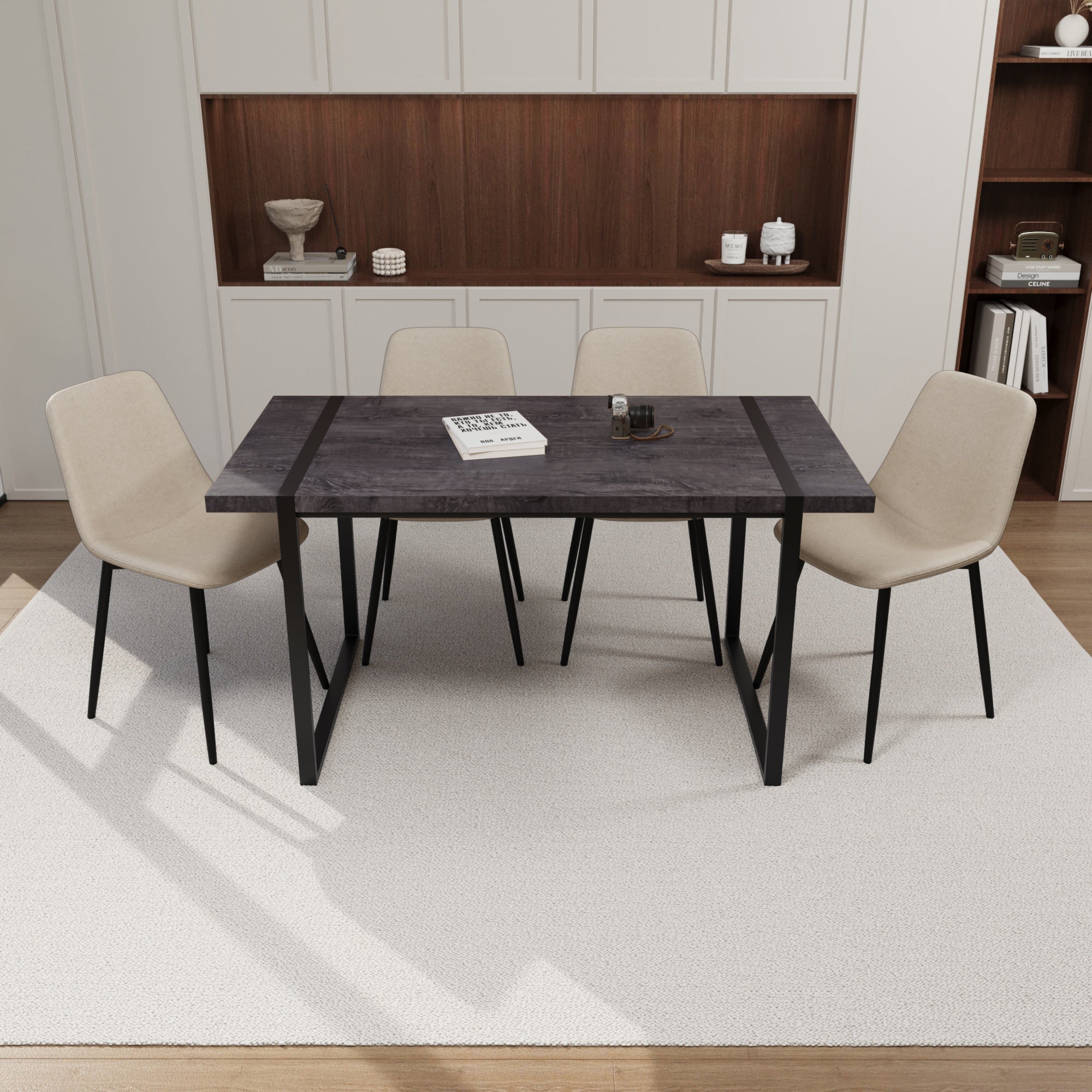59' MDF black wooden dining table and modern dining chair 4-piece set, medieval wooden kitchen dining table set, rectangular metal base, dining table and suede chair