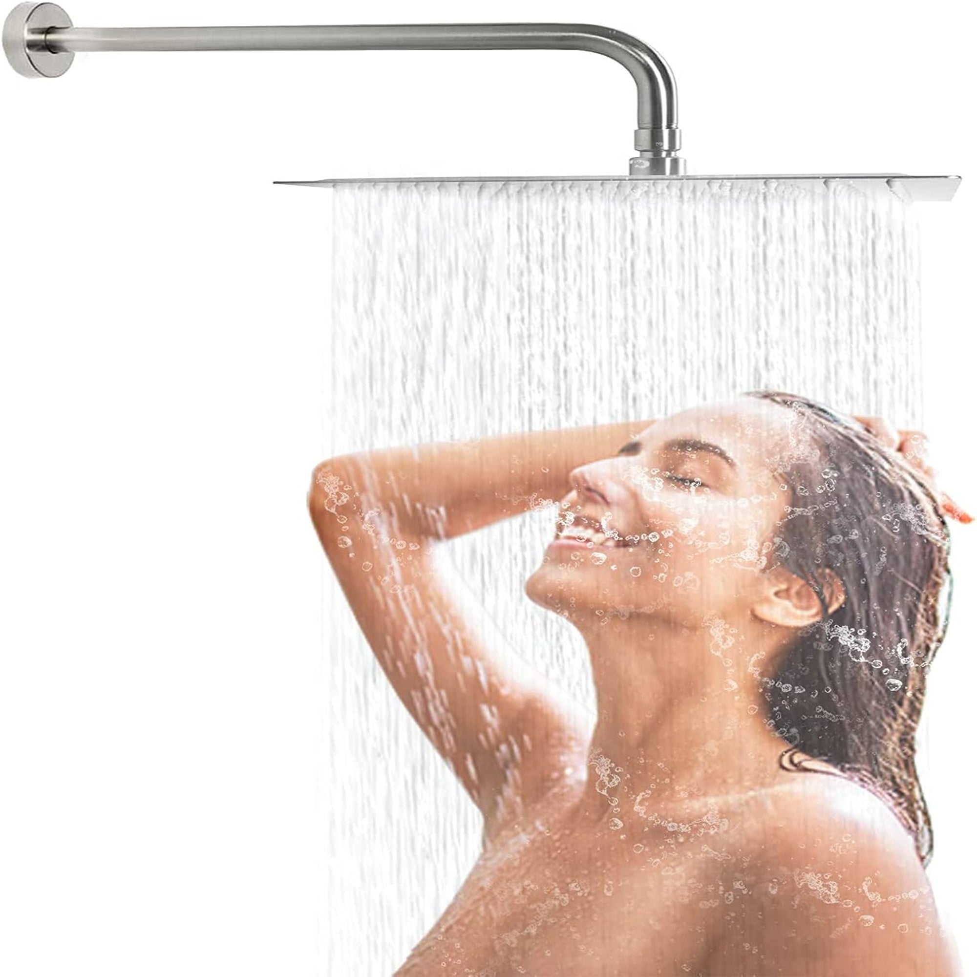 12 Inch Brushed Nickel Rain Shower Head, Square Ultra Thin 304 Stainless Steel High Pressure Shower Head Waterfall Full Body Coverage Waterfall Shower Head