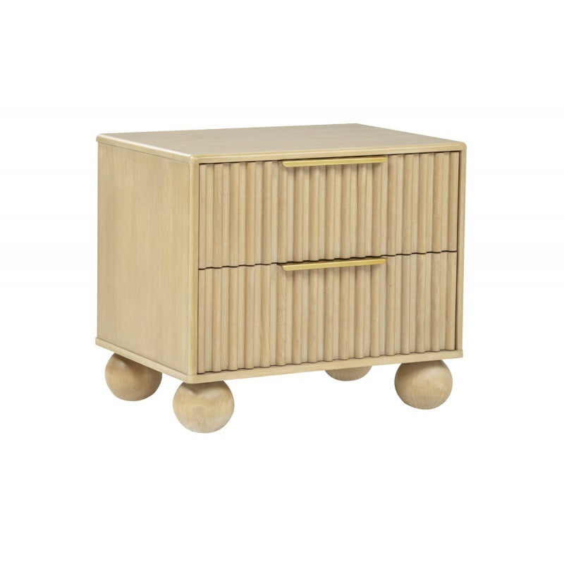 Modern Bedroom 2 Drawer Nightstand with Fluted Panels, Wooden Bedside Table, Rounded Legs, Light Oak