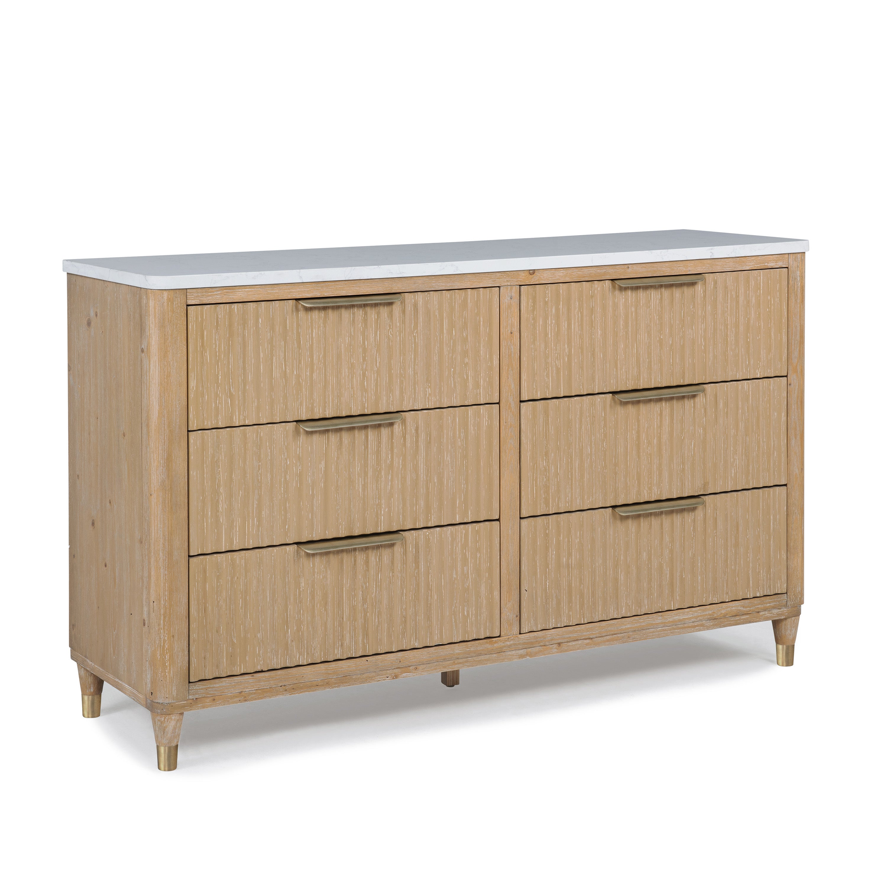 Modern Aesthetic Natural Wood Finish Ample Storage Space Six Drawers 1pc Dresser Engineered Stone Top Fully Extension Glide Brass-accented Hardware