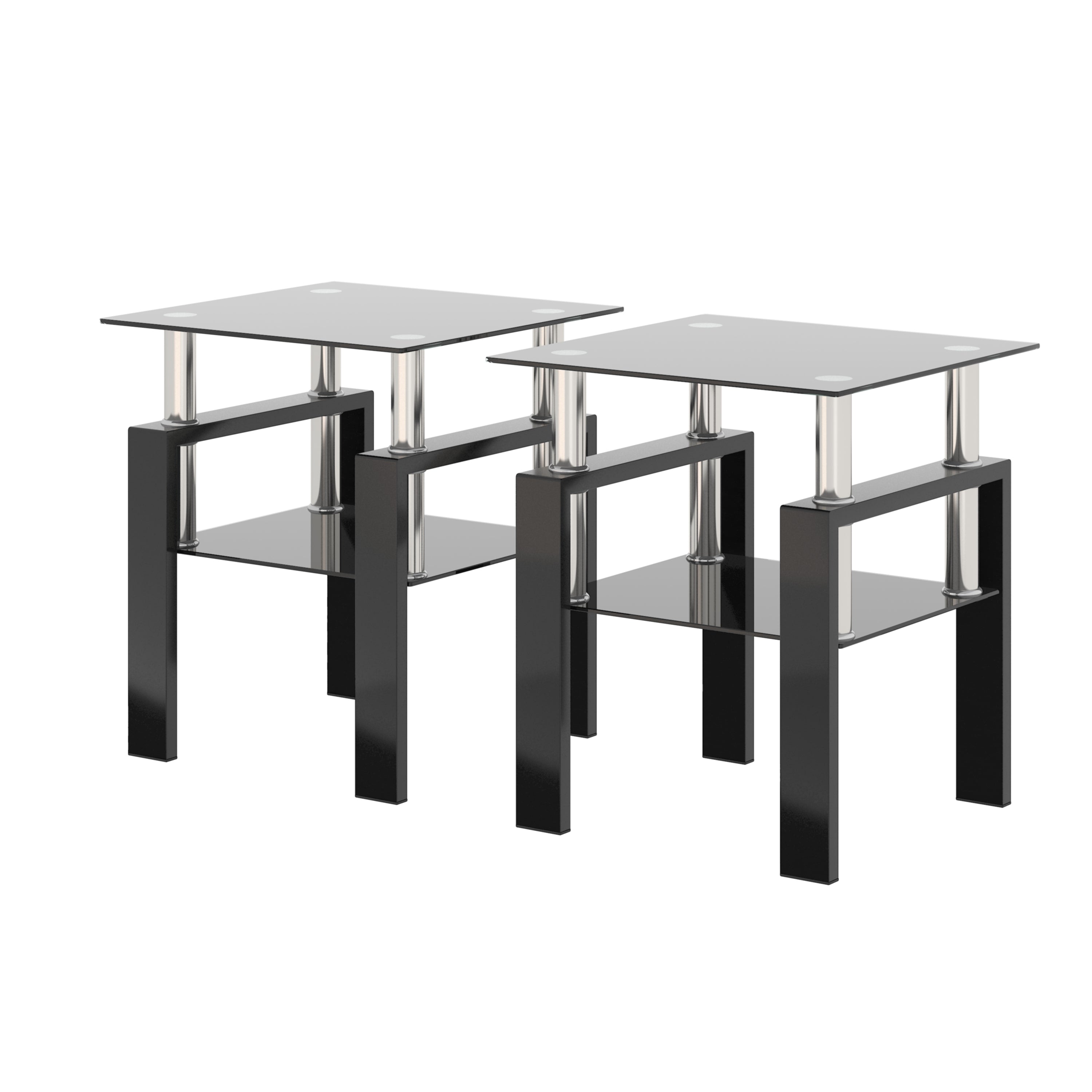Modern Tempered Glass Tea Table Coffee Table End Table Set in Black with Metal Legs, 17.72 x 17.72 x 20.5 Inches
