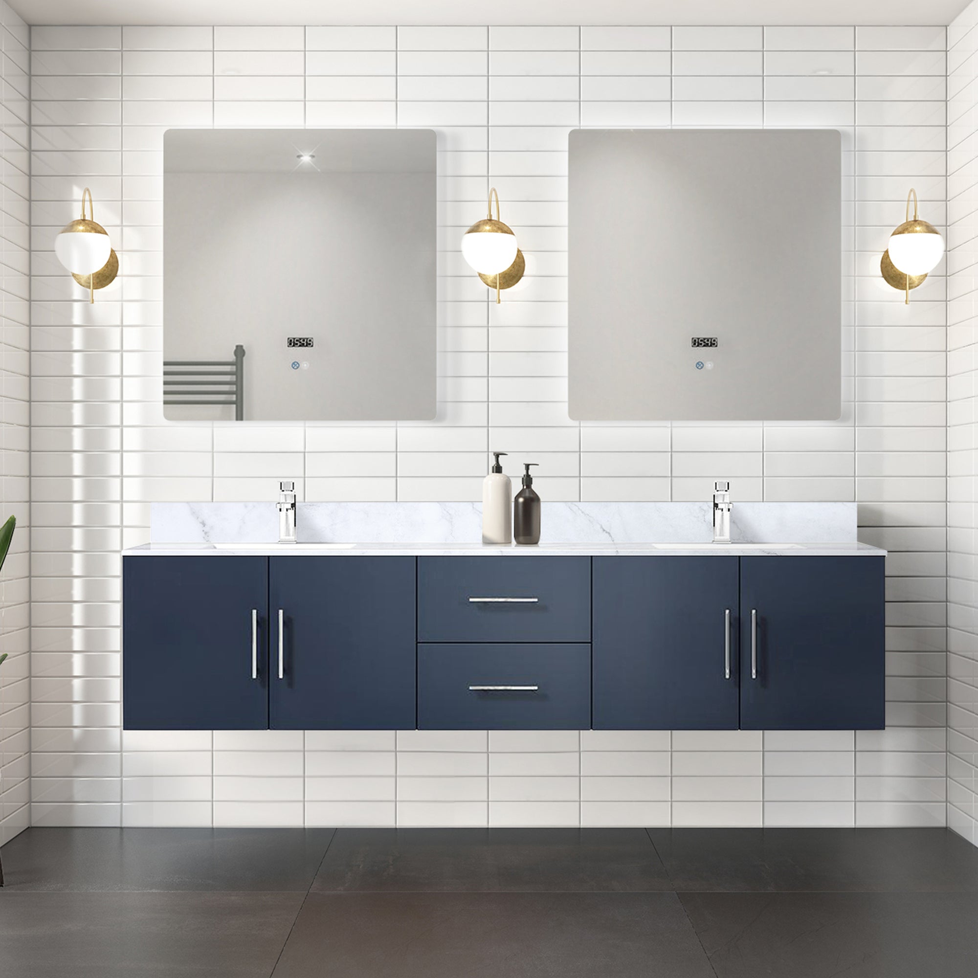 Navy Blue Double Bath Vanity 80 in. W x 22 in. D, Carrara Marble Top, and Faucet Set