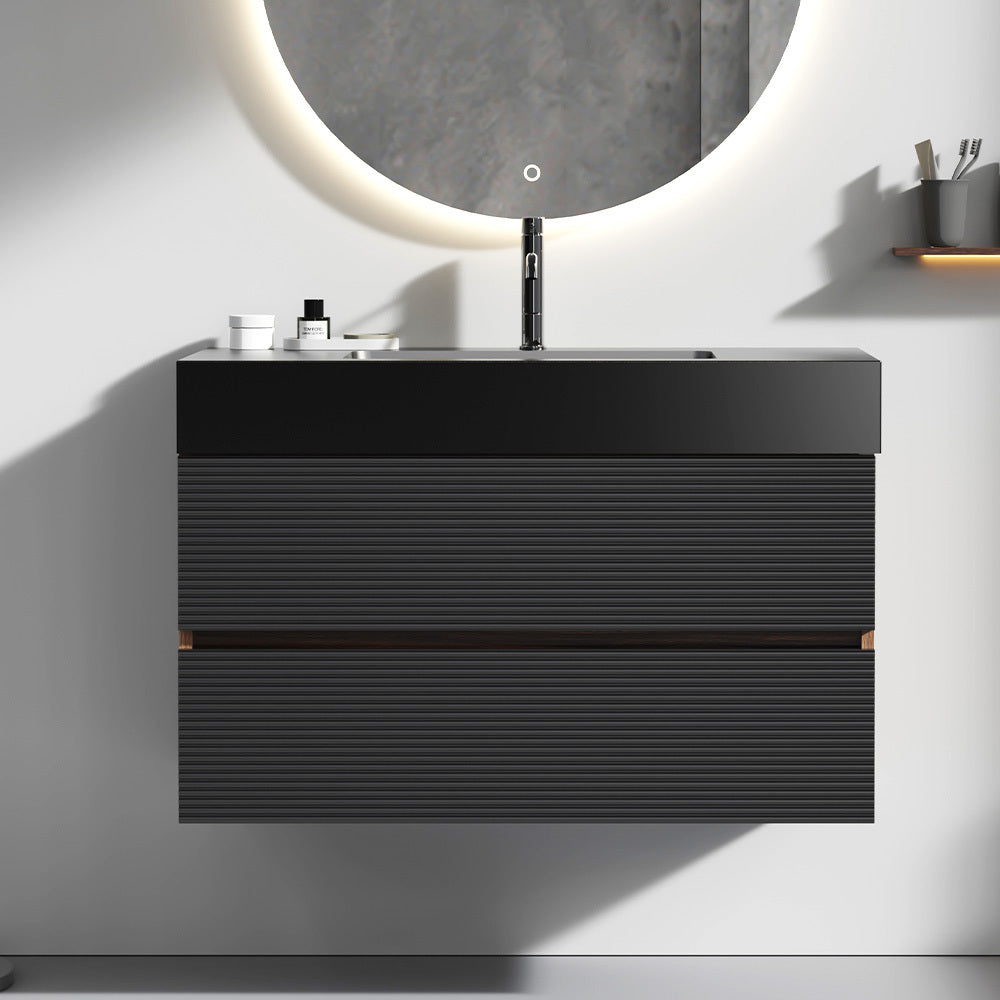 Grace 36'  Walnut Bathroom Vanity with Matt Black Engineered Quartz Sink and Soft Black Drawers, Wall Mounted Floating Bathroom Vanity for Modern Bathroom, One-Piece Matt Black Basin, KD