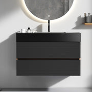 Grace 36'  Walnut Bathroom Vanity with Matt Black Engineered Quartz Sink and Soft Black Drawers, Wall Mounted Floating Bathroom Vanity for Modern Bathroom, One-Piece Matt Black Basin, KD