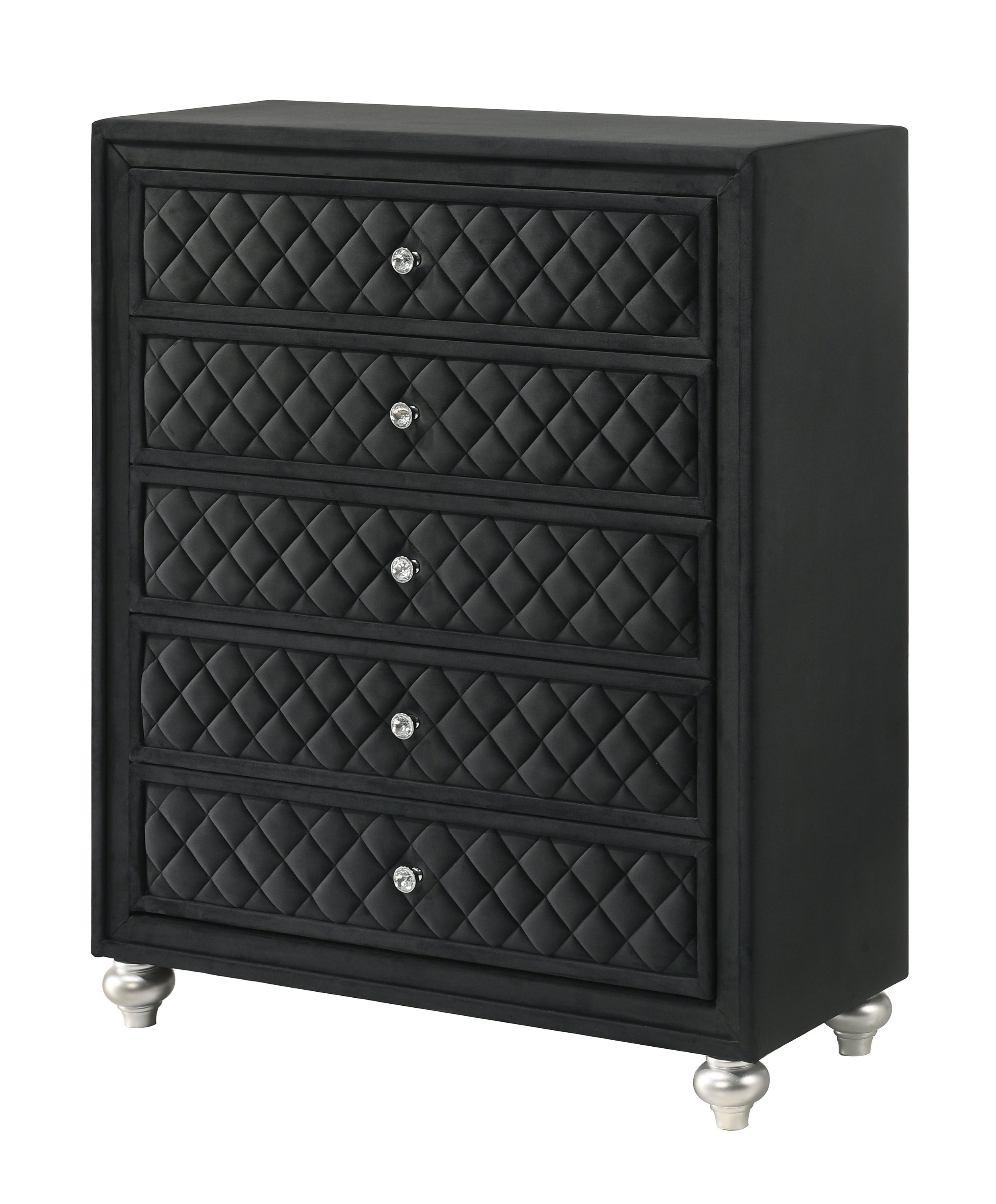 1pc Traditional Glam 5-Drawer Chest Velvet Tufted Drawer Front Faux Crystal Drawer Knobs Black
