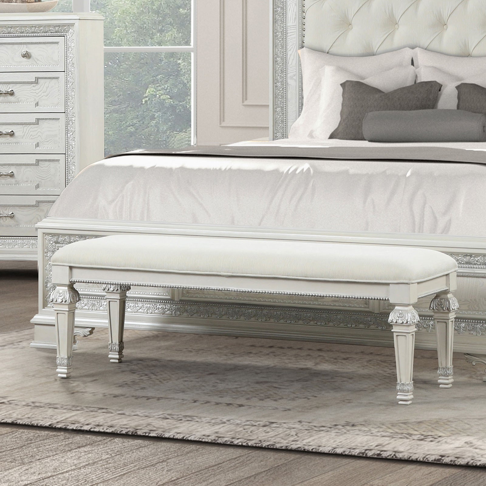 Metal Silver Finish Traditional Bench Ornated Round Knobs Diamond-button tufting adds a classic look, Creamy White