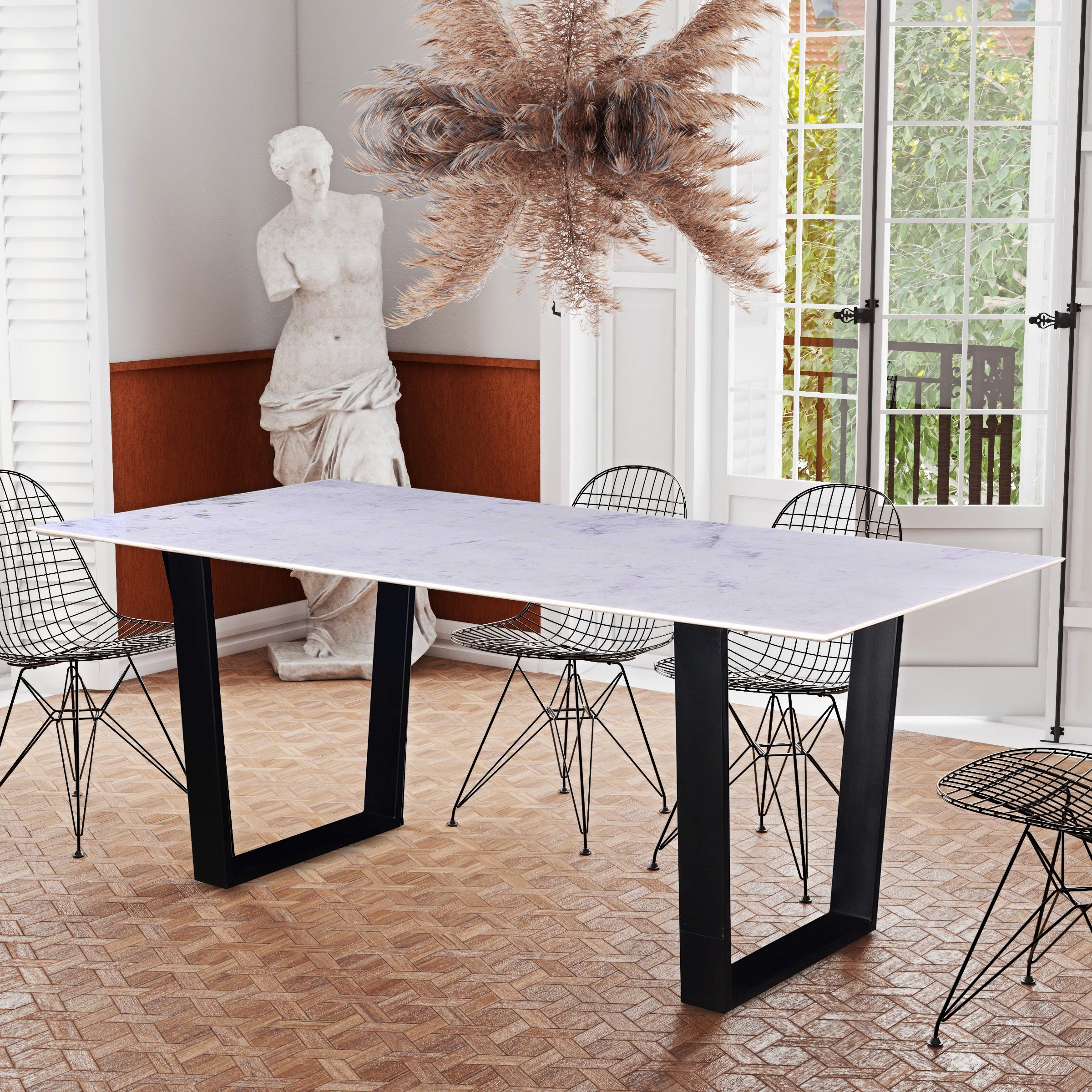 Modern Rectangular Dining Table with Marble Top, Sturdy Metal Base, Black/White
