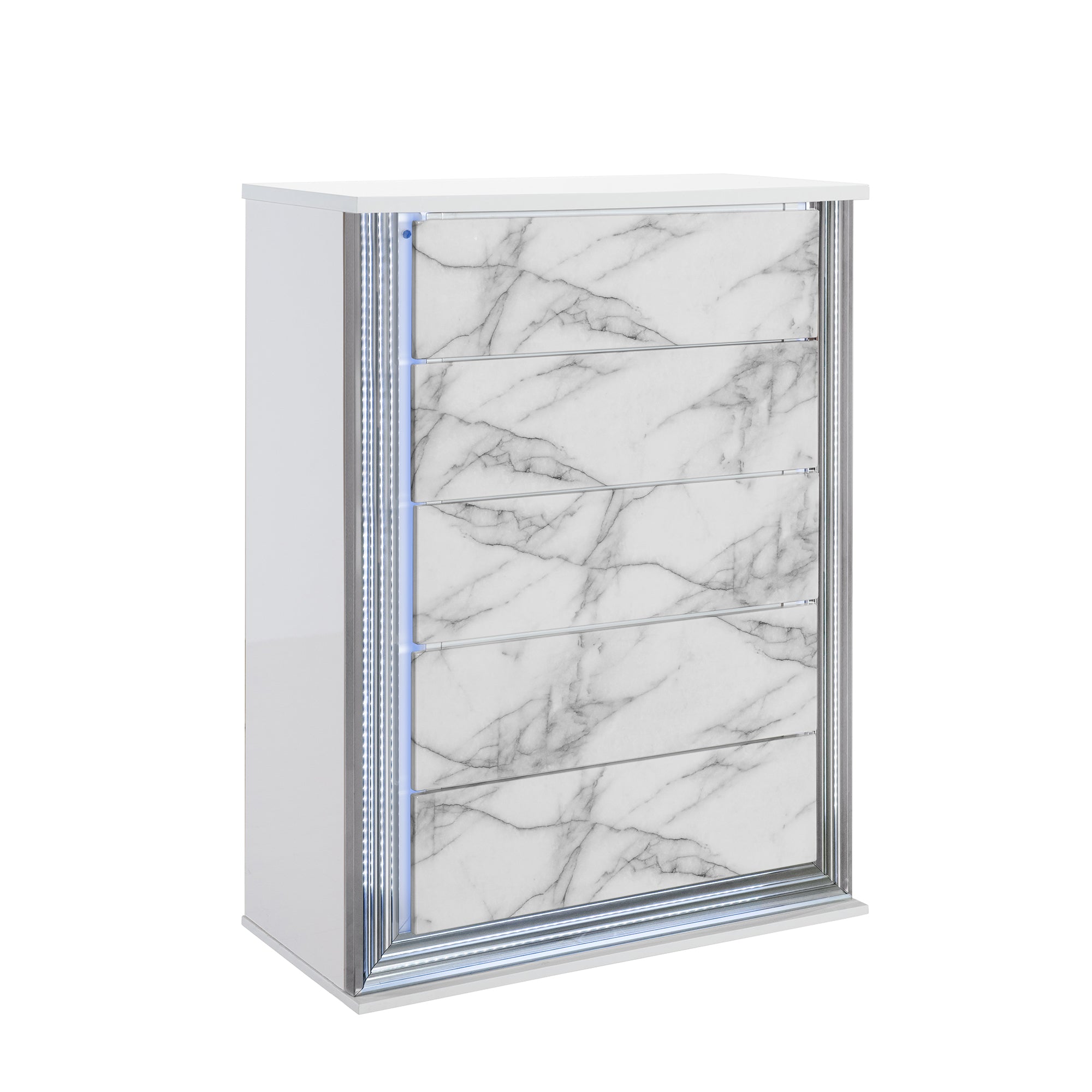 Modern MOON WHITE Marble Chest with LED Accent Lighting, Solid Wood and MDF, High Gloss Finish