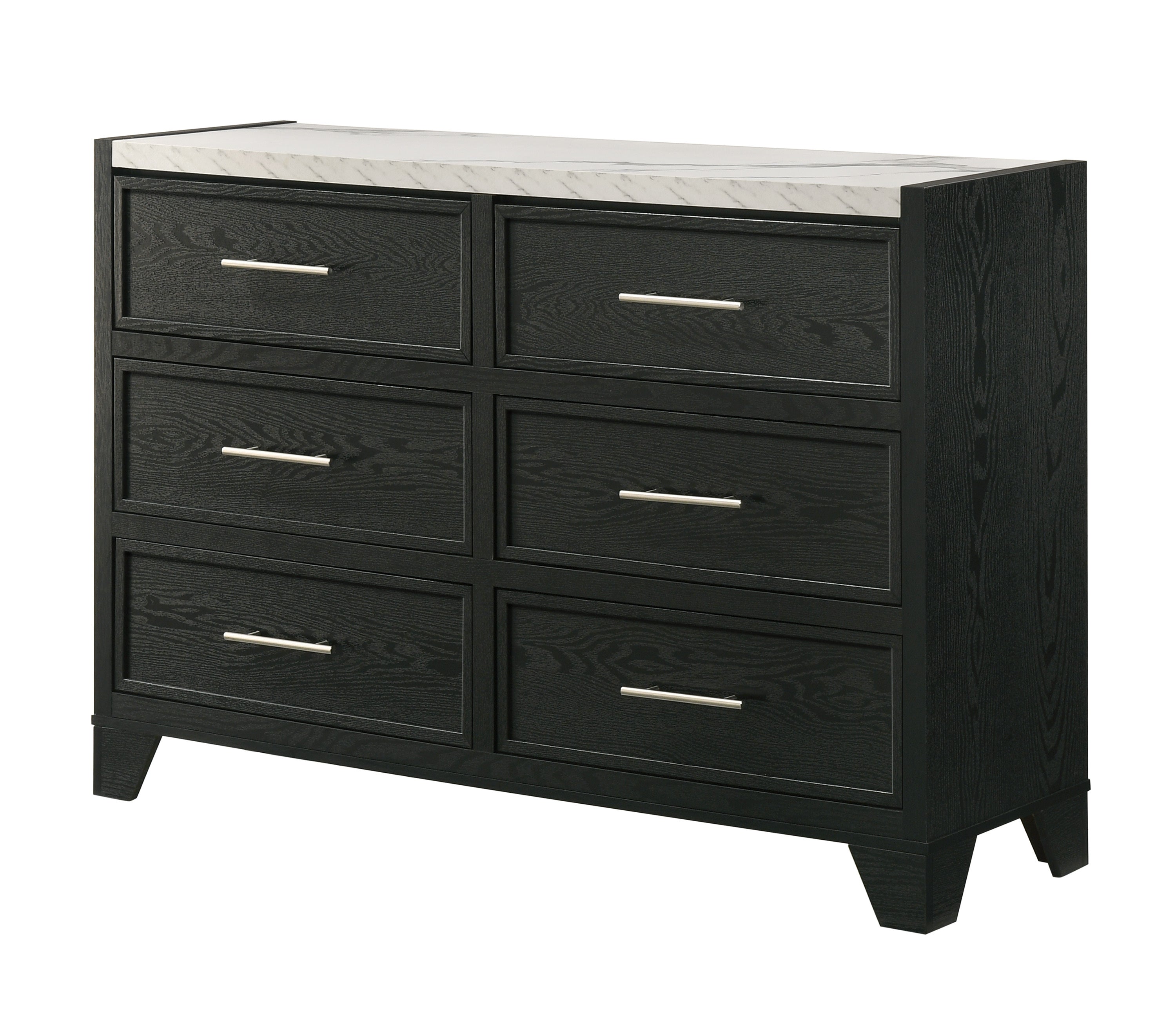 1pc Contemporary Modern White Faux Marble Top 6 Drawers Dresser Black Finish Bedroom Furniture