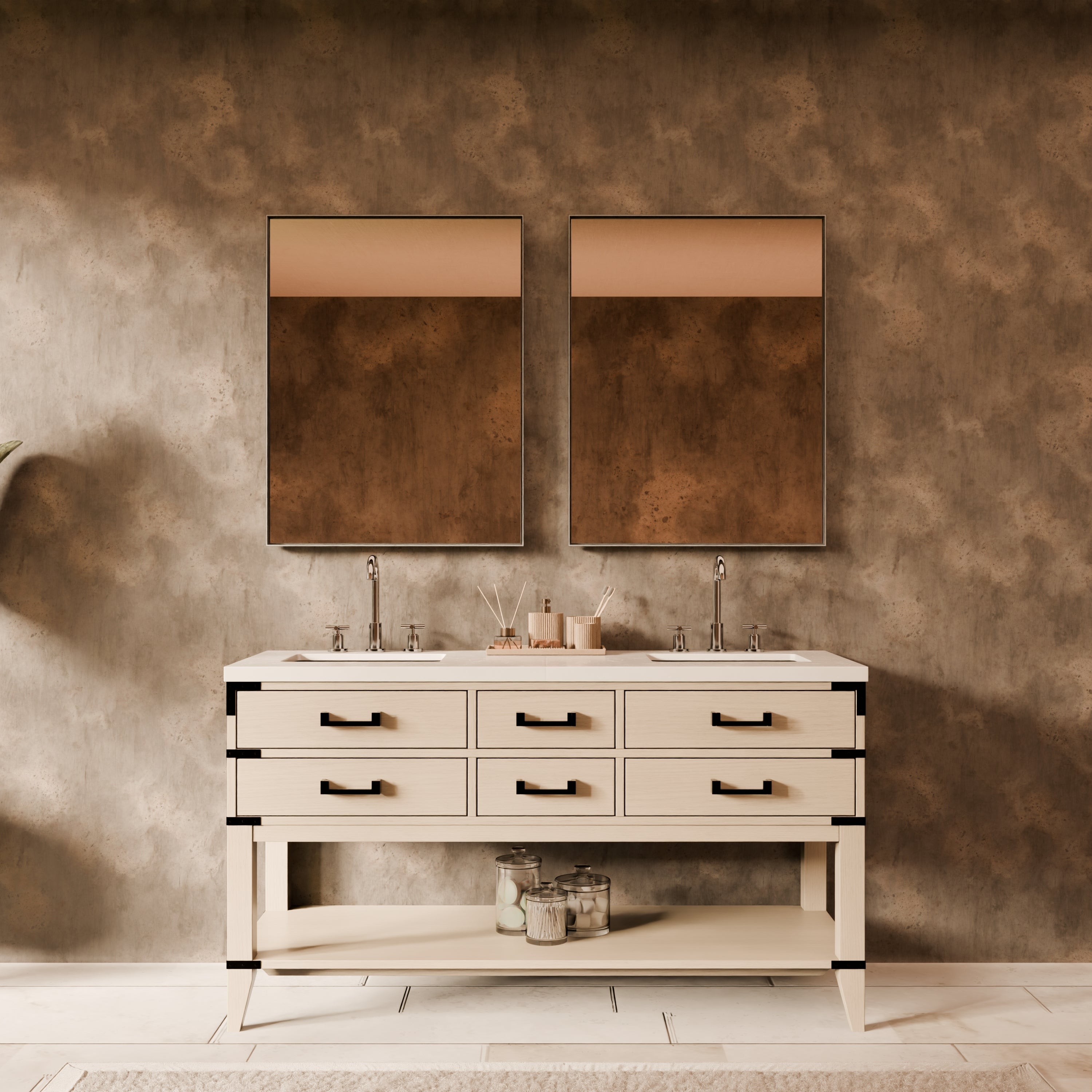 White Oak Double Bath Vanity 60 in. W x 22 in. D, with White Quartz Top